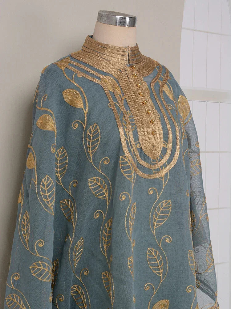 LM185 Ensemble 2 Pièces Abaya Coton Estival | Robe Kaftan Maxi Brodée Respirante