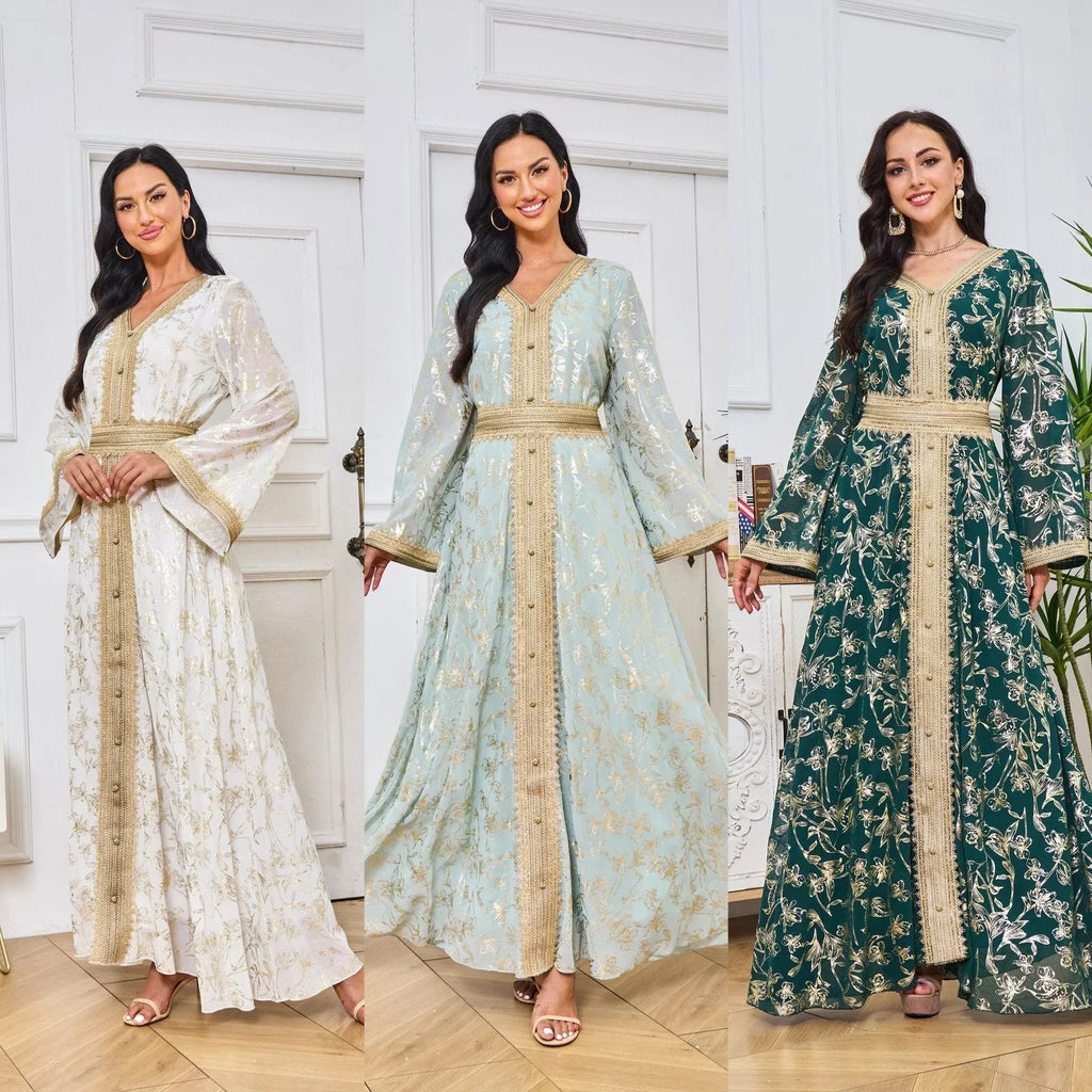 LM186 Robe Abaya Estivale Dubaï | Kaftan Maxi Modeste Imprimé Doré Léger