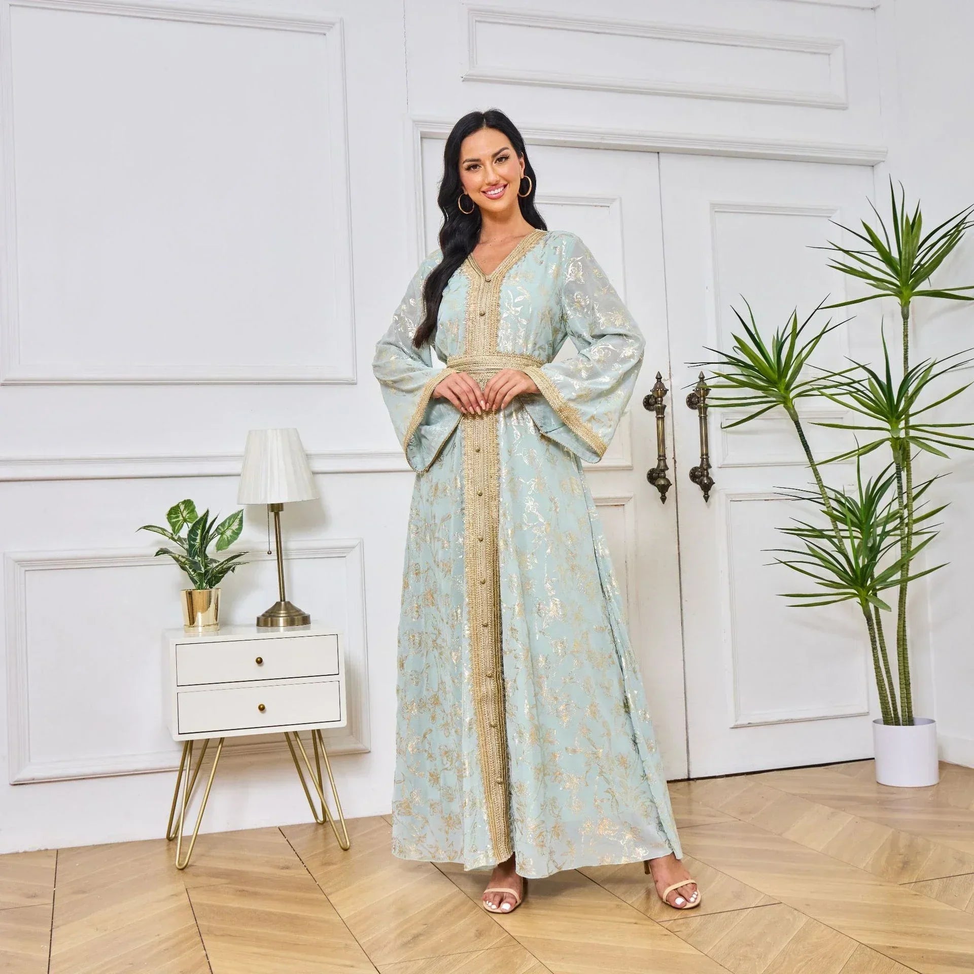 LM186 Robe Abaya Estivale Dubaï | Kaftan Maxi Modeste Imprimé Doré Léger