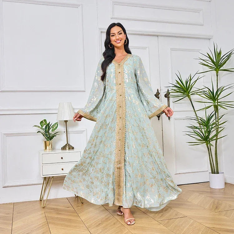 LM186 Robe Abaya Estivale Dubaï | Kaftan Maxi Modeste Imprimé Doré Léger