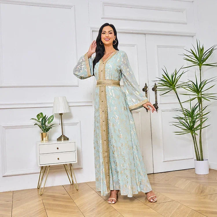 LM186 Robe Abaya Estivale Dubaï | Kaftan Maxi Modeste Imprimé Doré Léger