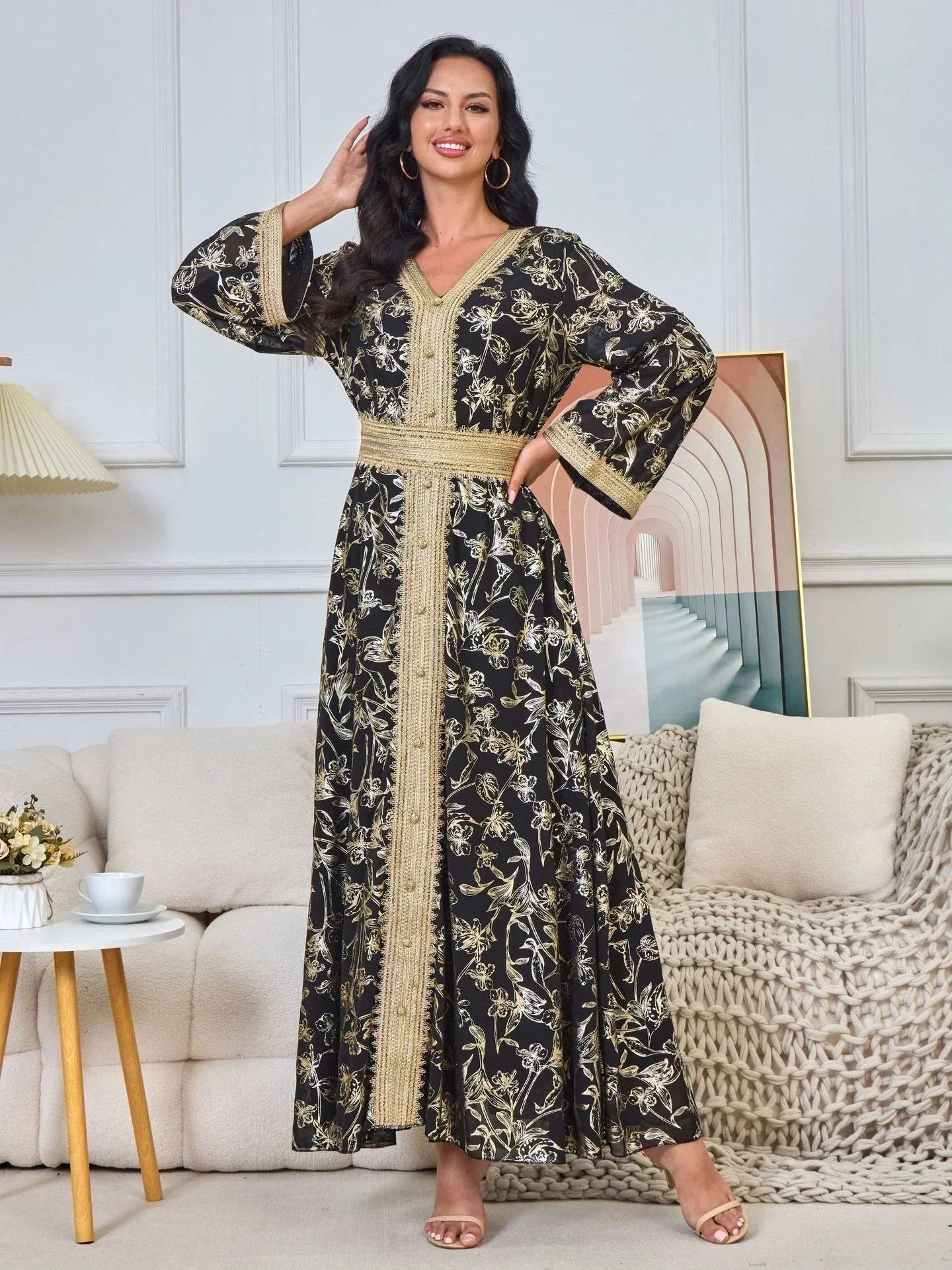 LM186 Robe Abaya Estivale Dubaï | Kaftan Maxi Modeste Imprimé Doré Léger