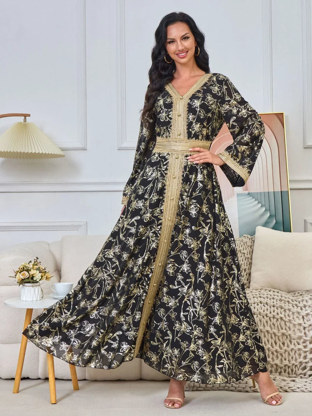 LM186 Robe Abaya Estivale Dubaï | Kaftan Maxi Modeste Imprimé Doré Léger