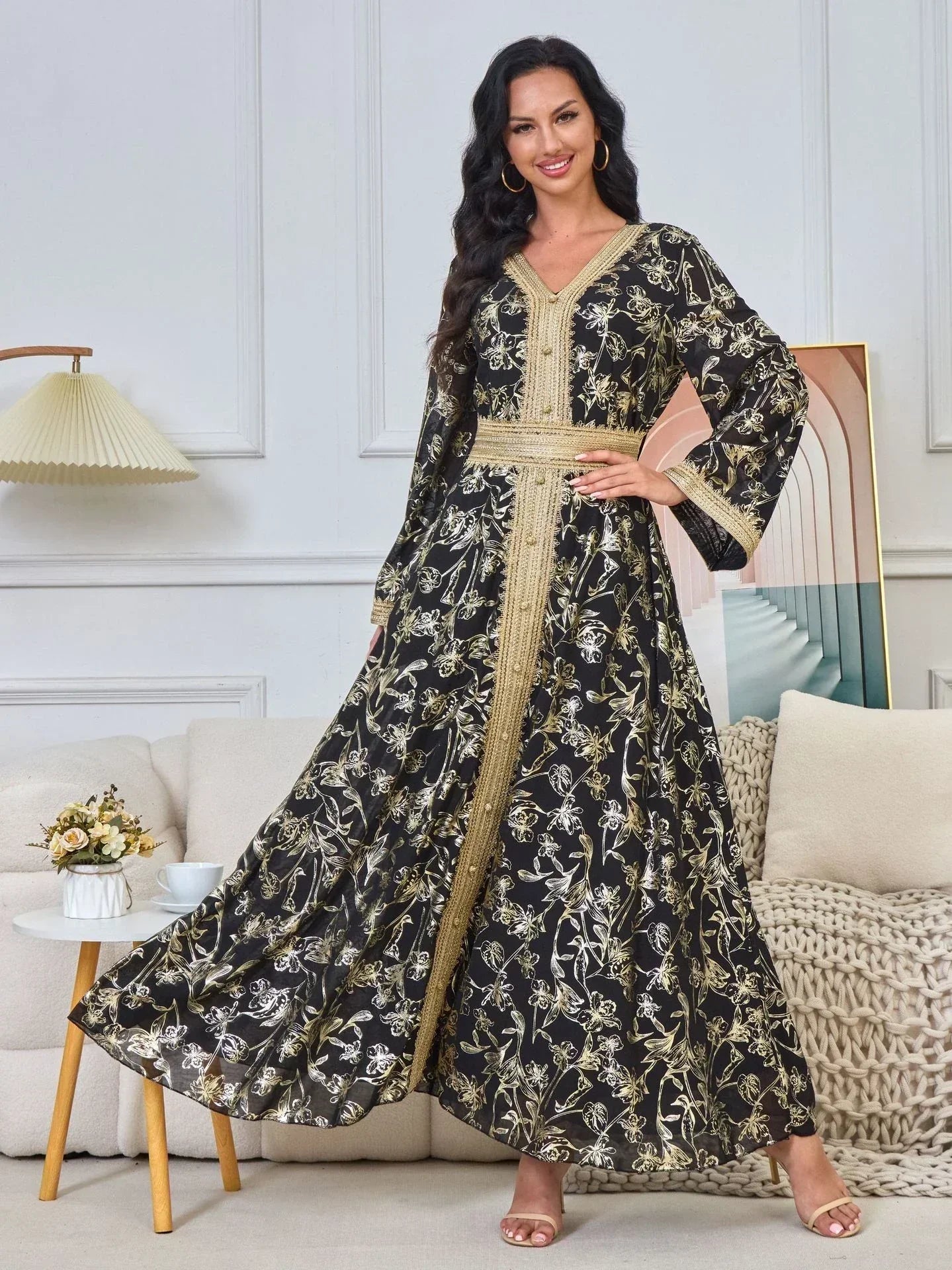 LM186 Robe Abaya Estivale Dubaï | Kaftan Maxi Modeste Imprimé Doré Léger