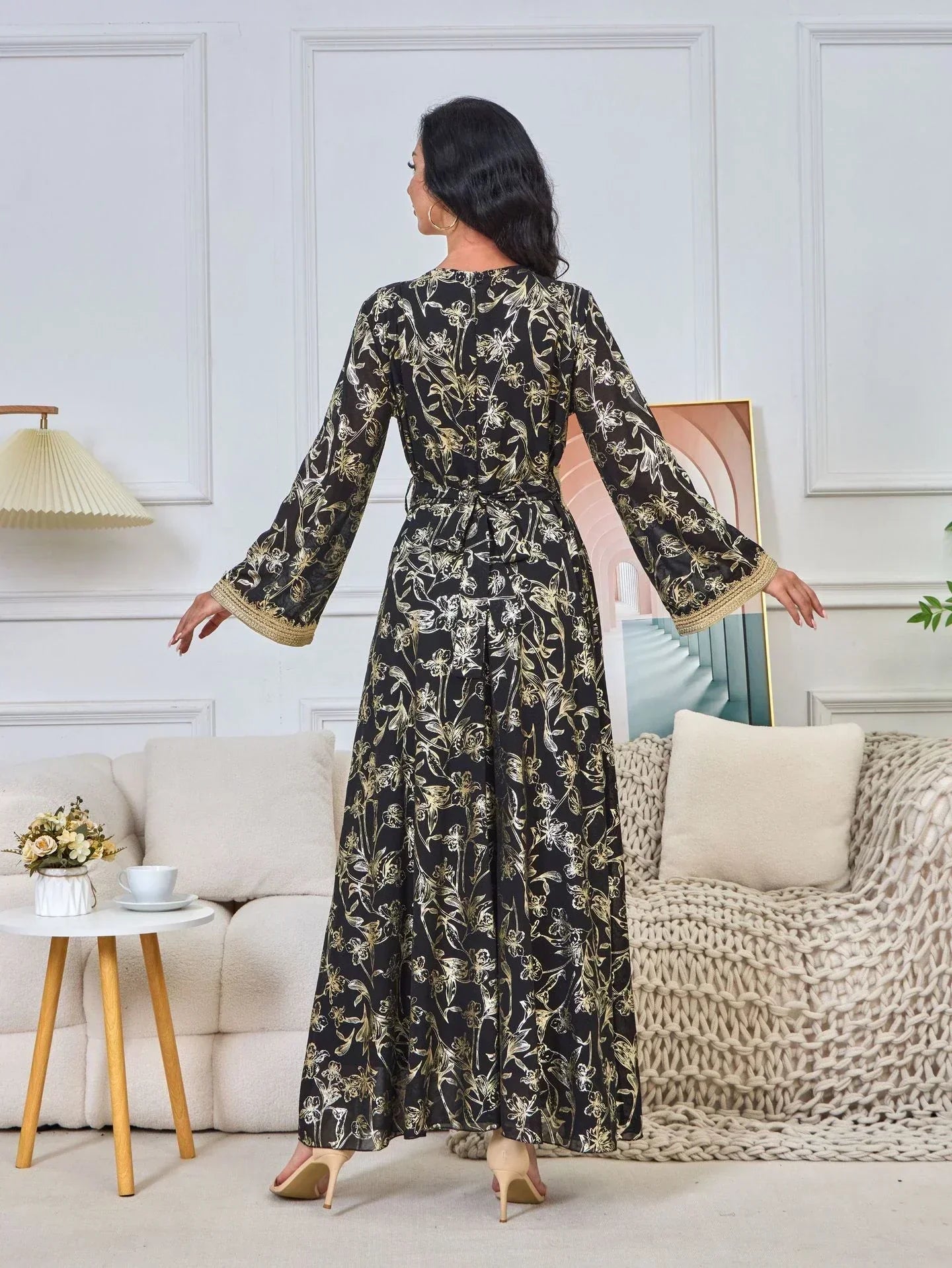 LM186 Robe Abaya Estivale Dubaï | Kaftan Maxi Modeste Imprimé Doré Léger