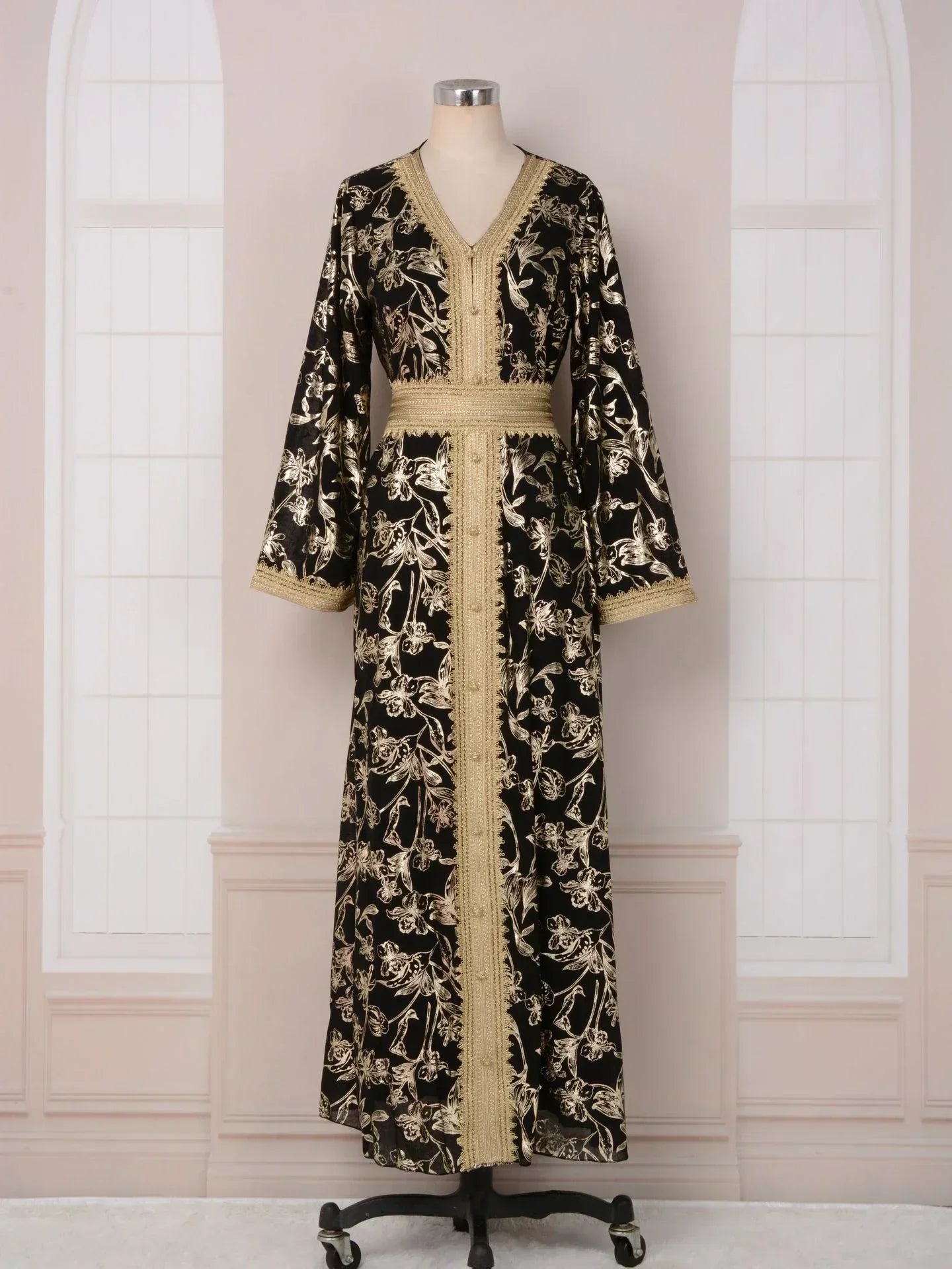 LM186 Robe Abaya Estivale Dubaï | Kaftan Maxi Modeste Imprimé Doré Léger
