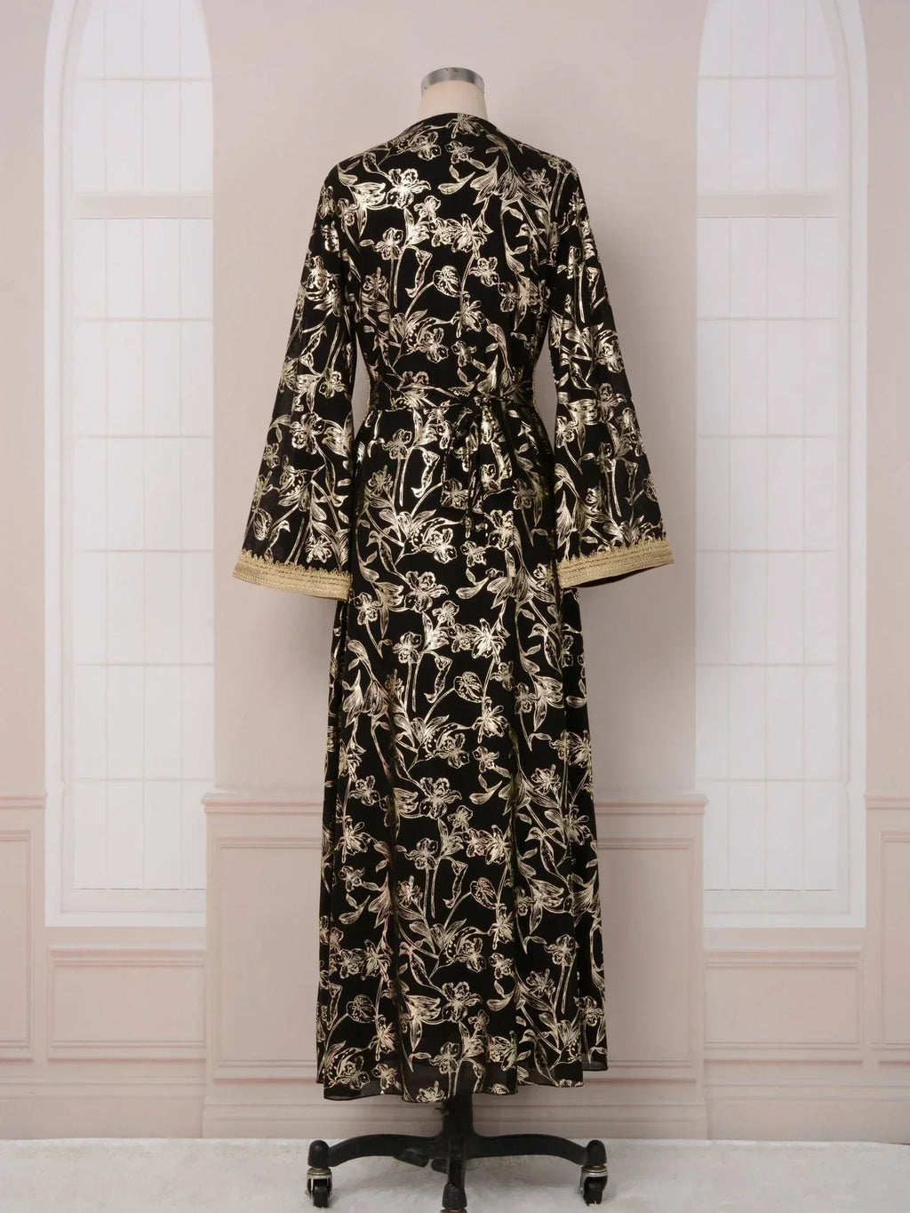 LM186 Robe Abaya Estivale Dubaï | Kaftan Maxi Modeste Imprimé Doré Léger