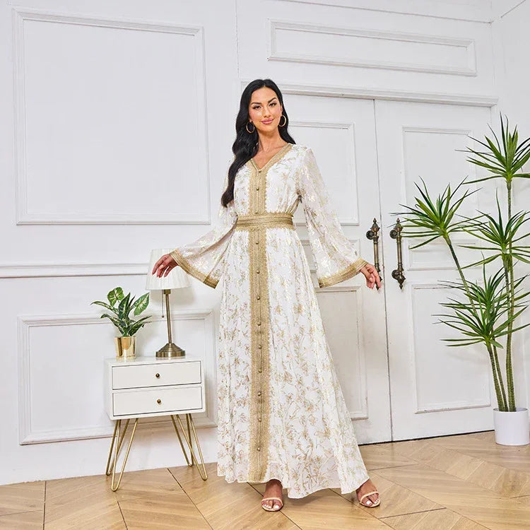 LM186 Robe Abaya Estivale Dubaï | Kaftan Maxi Modeste Imprimé Doré Léger