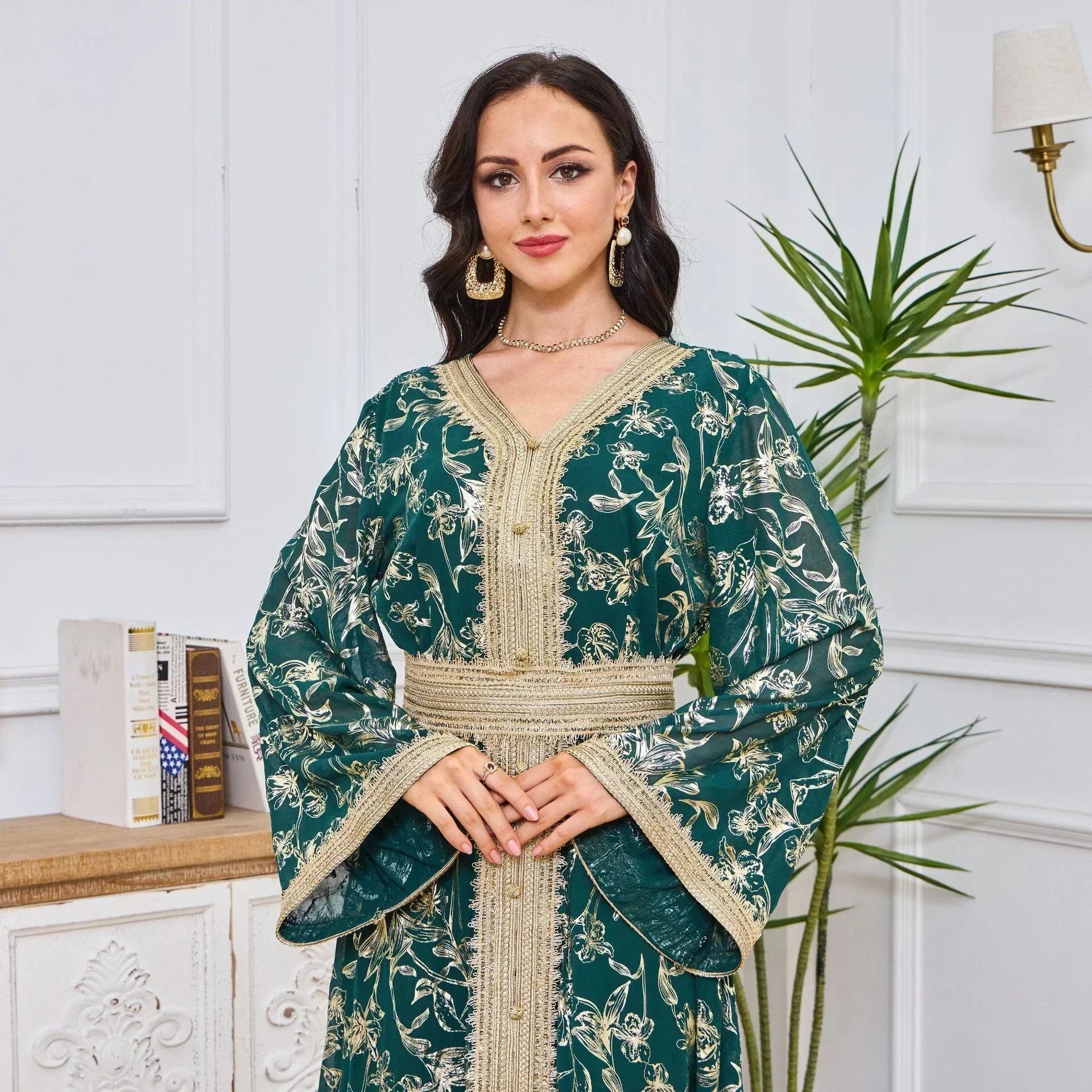 LM186 Robe Abaya Estivale Dubaï | Kaftan Maxi Modeste Imprimé Doré Léger