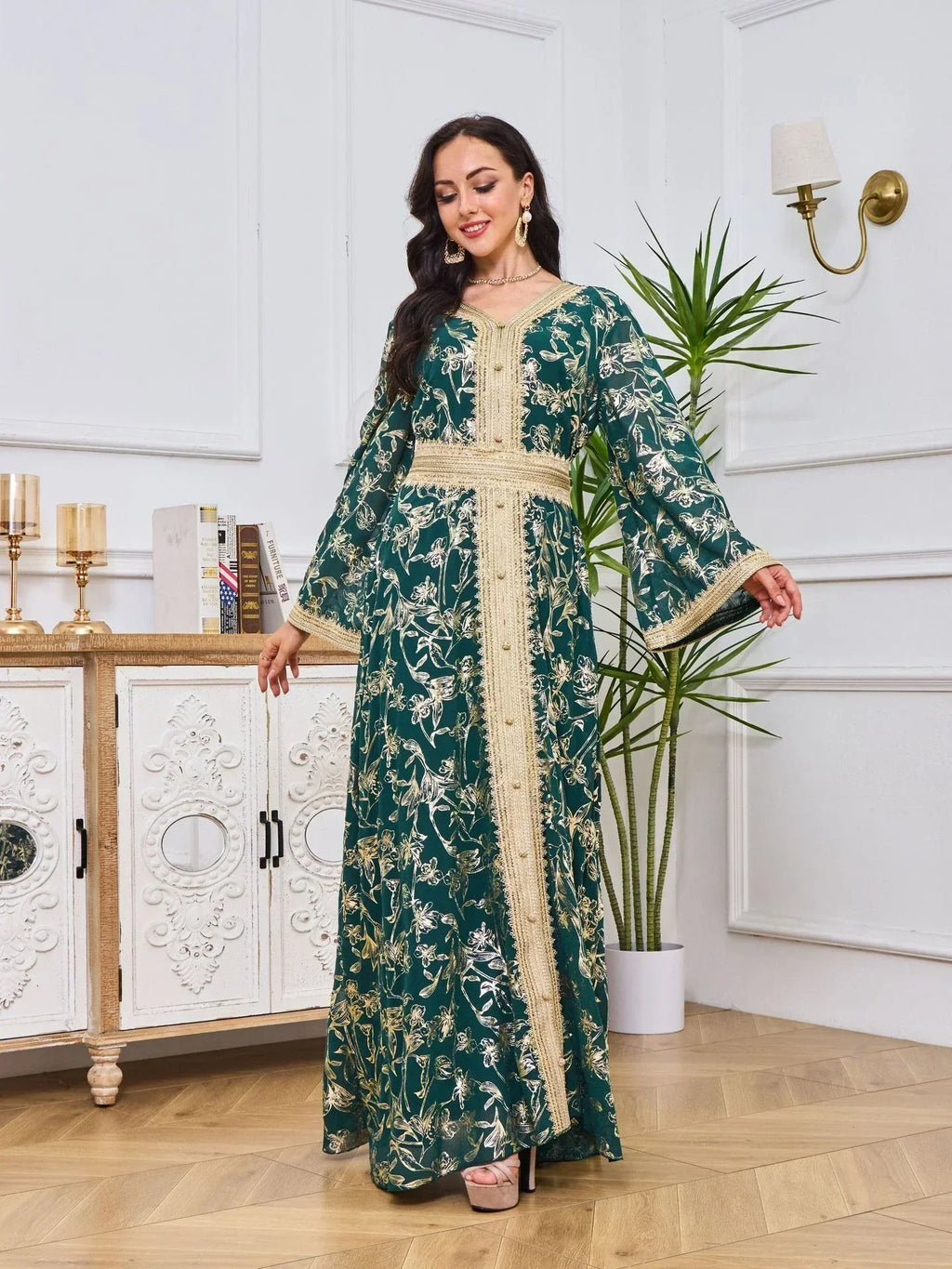 LM186 Robe Abaya Estivale Dubaï | Kaftan Maxi Modeste Imprimé Doré Léger