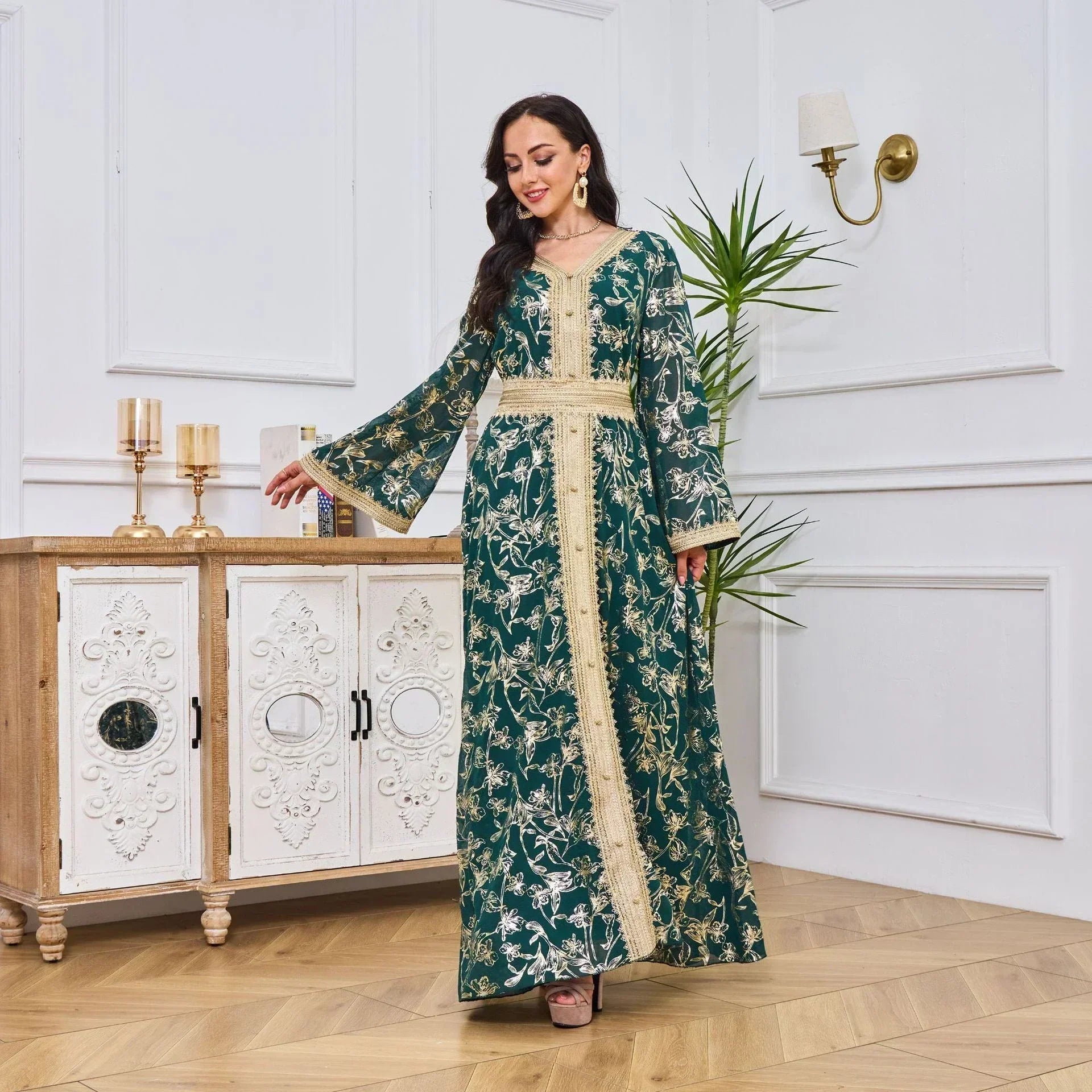 LM186 Robe Abaya Estivale Dubaï | Kaftan Maxi Modeste Imprimé Doré Léger