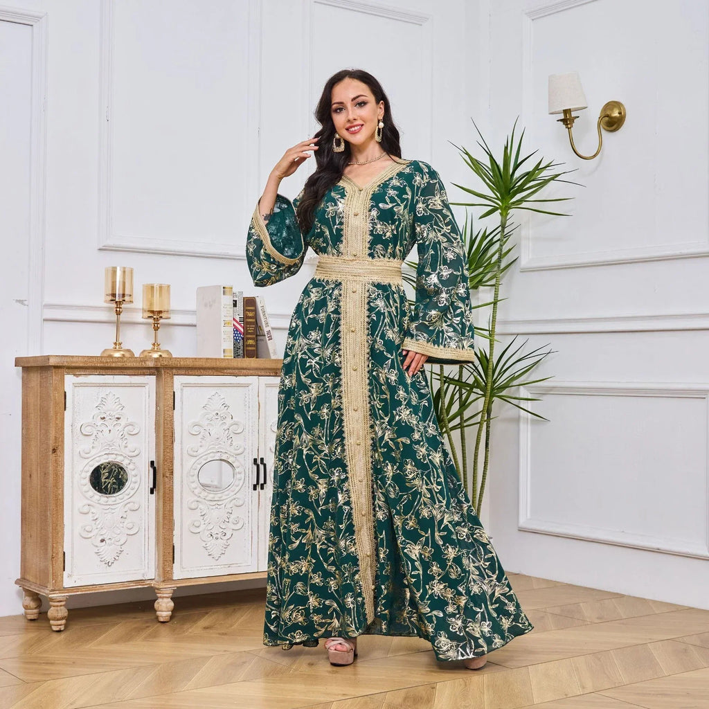 LM186 Robe Abaya Estivale Dubaï | Kaftan Maxi Modeste Imprimé Doré Léger
