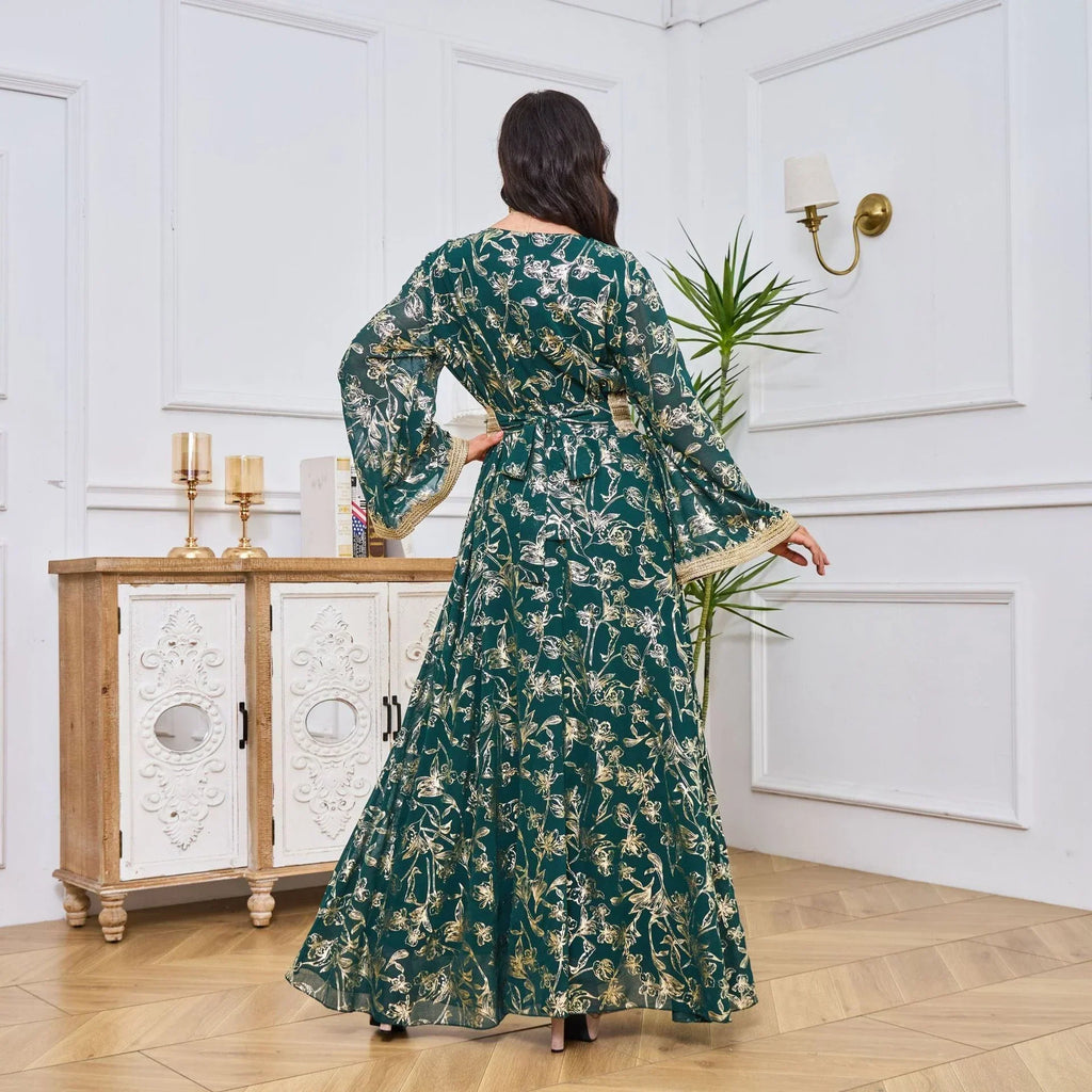 LM186 Robe Abaya Estivale Dubaï | Kaftan Maxi Modeste Imprimé Doré Léger