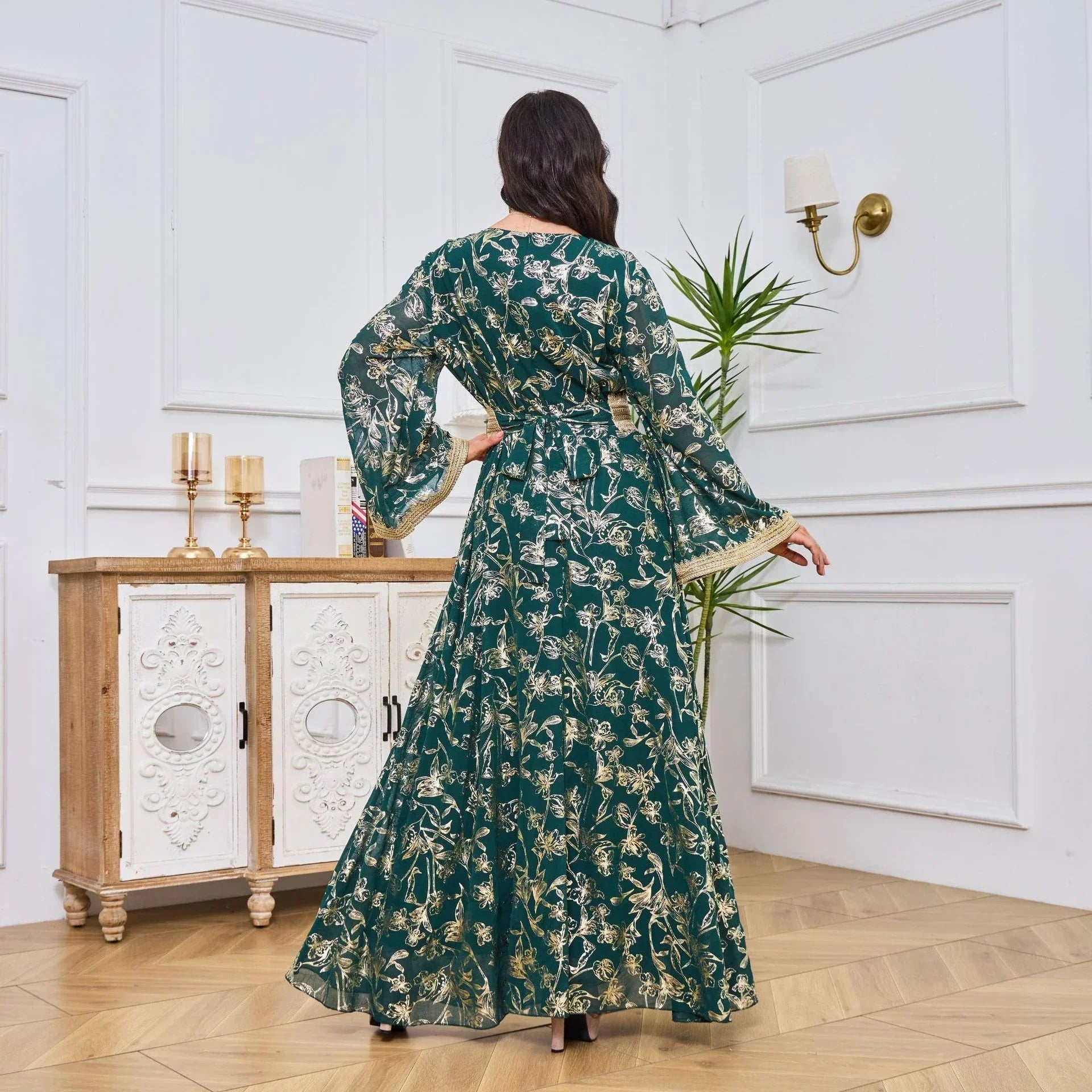 LM186 Robe Abaya Estivale Dubaï | Kaftan Maxi Modeste Imprimé Doré Léger
