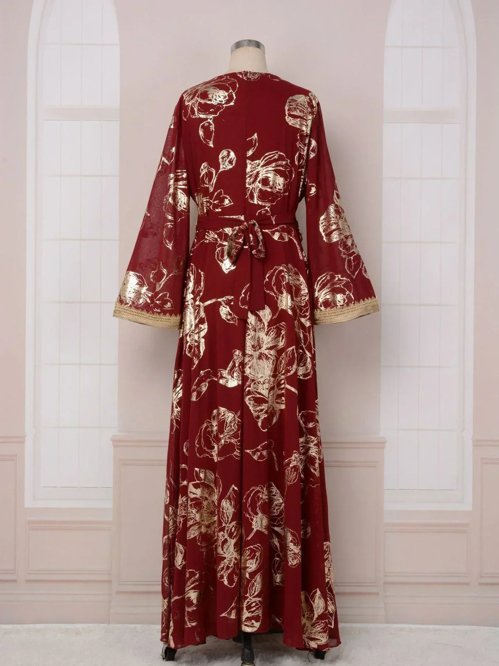 LM186 Robe Abaya Estivale Dubaï | Kaftan Maxi Modeste Imprimé Doré Léger