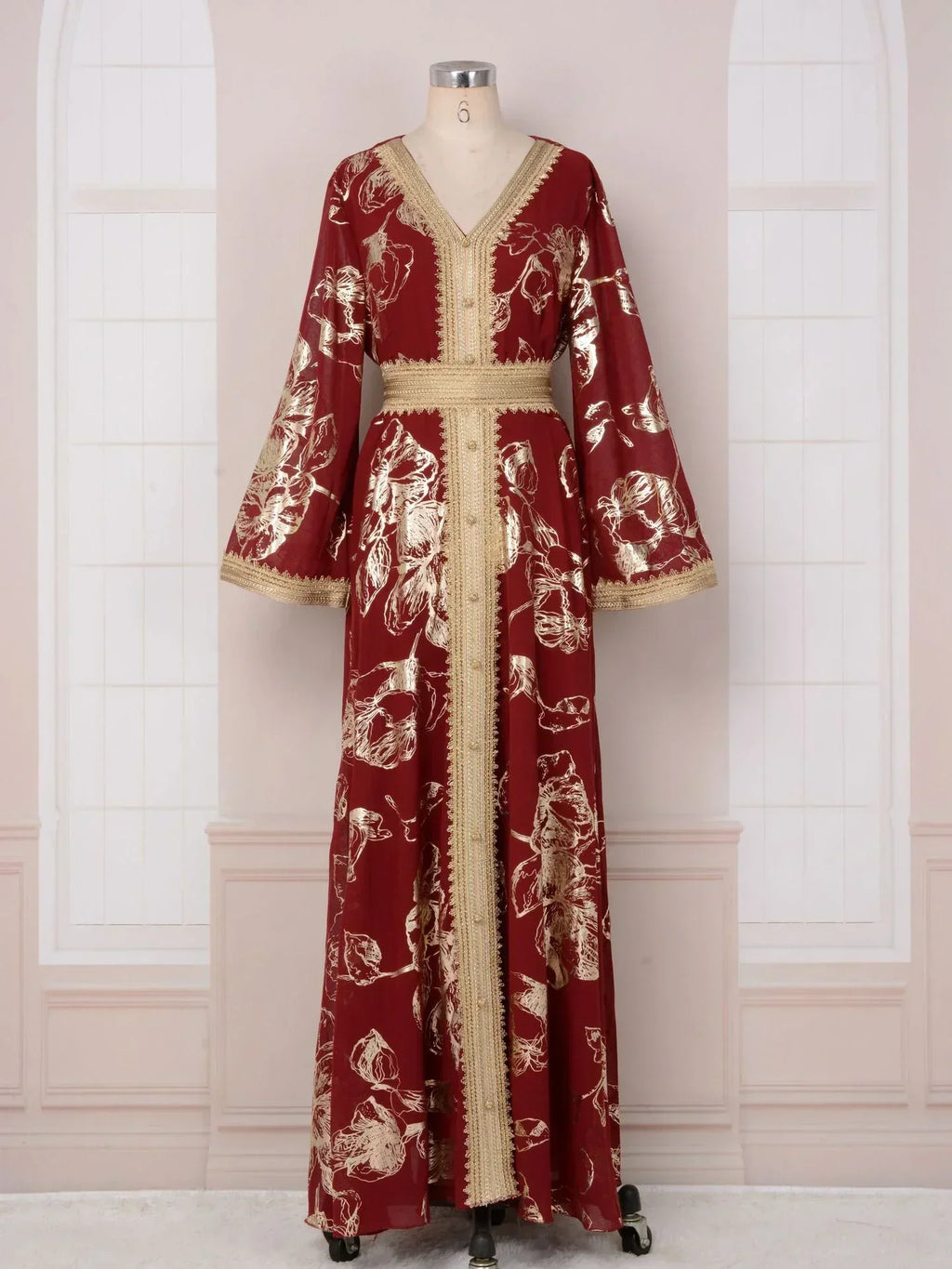 LM186 Robe Abaya Estivale Dubaï | Kaftan Maxi Modeste Imprimé Doré Léger