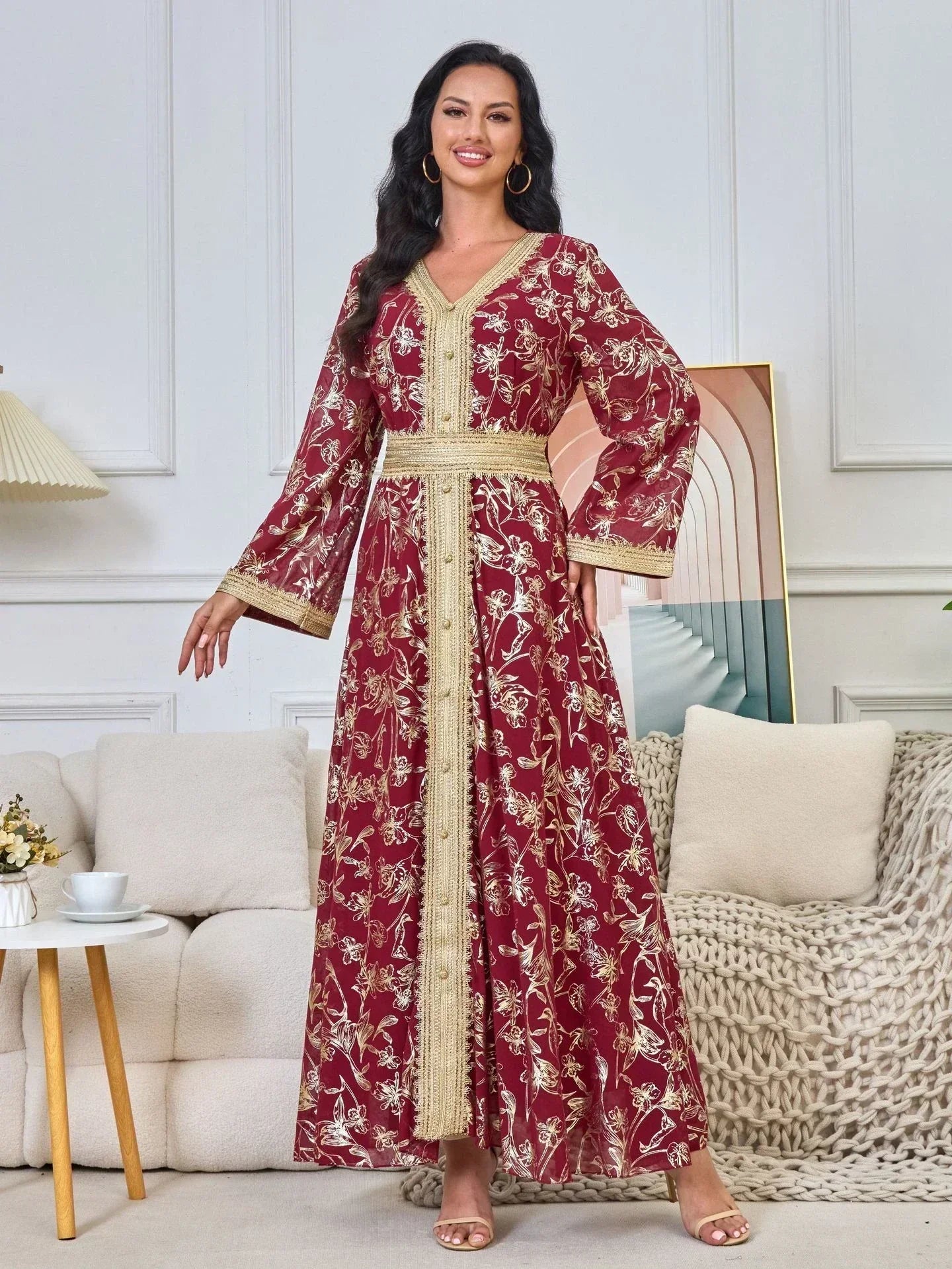 LM186 Robe Abaya Estivale Dubaï | Kaftan Maxi Modeste Imprimé Doré Léger