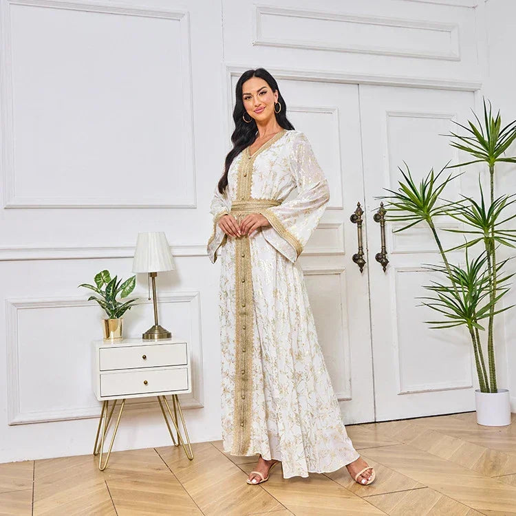 LM186 Robe Abaya Estivale Dubaï | Kaftan Maxi Modeste Imprimé Doré Léger