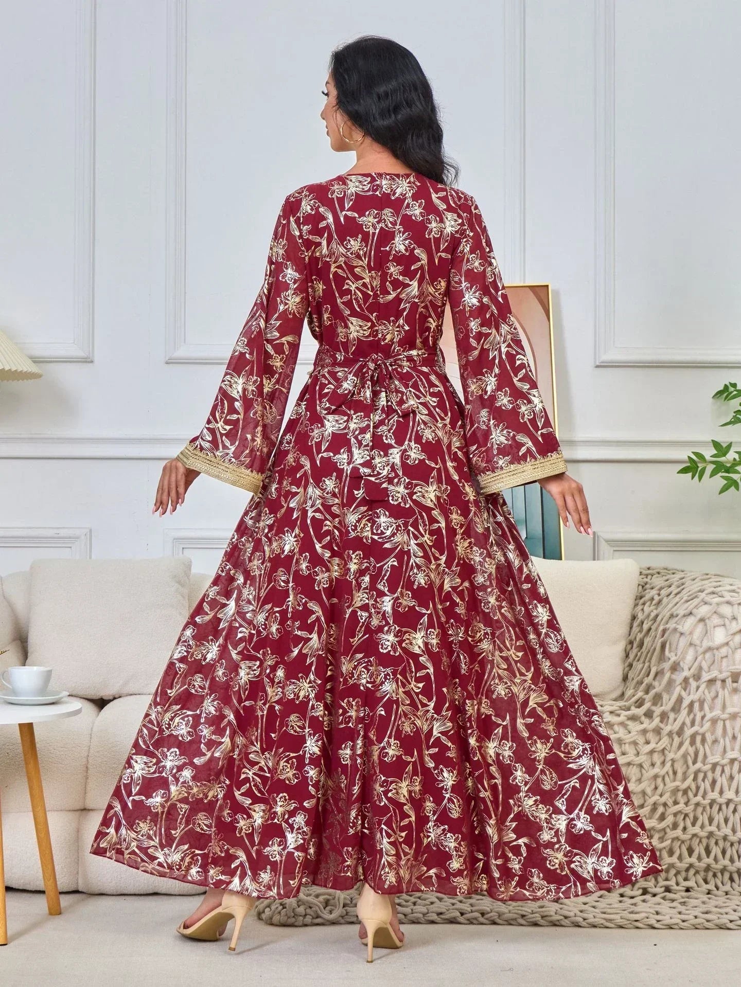 LM186 Robe Abaya Estivale Dubaï | Kaftan Maxi Modeste Imprimé Doré Léger