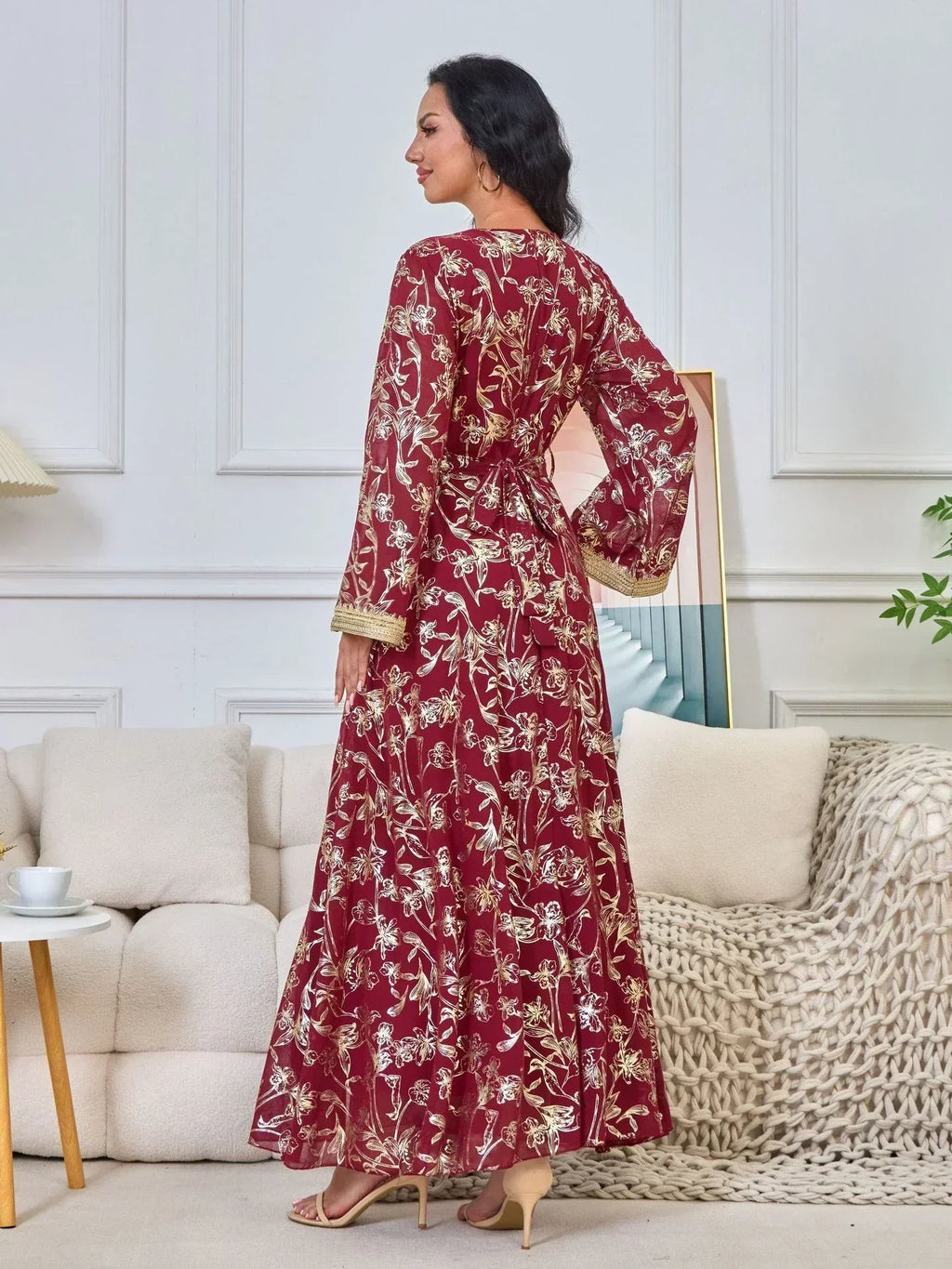 LM186 Robe Abaya Estivale Dubaï | Kaftan Maxi Modeste Imprimé Doré Léger