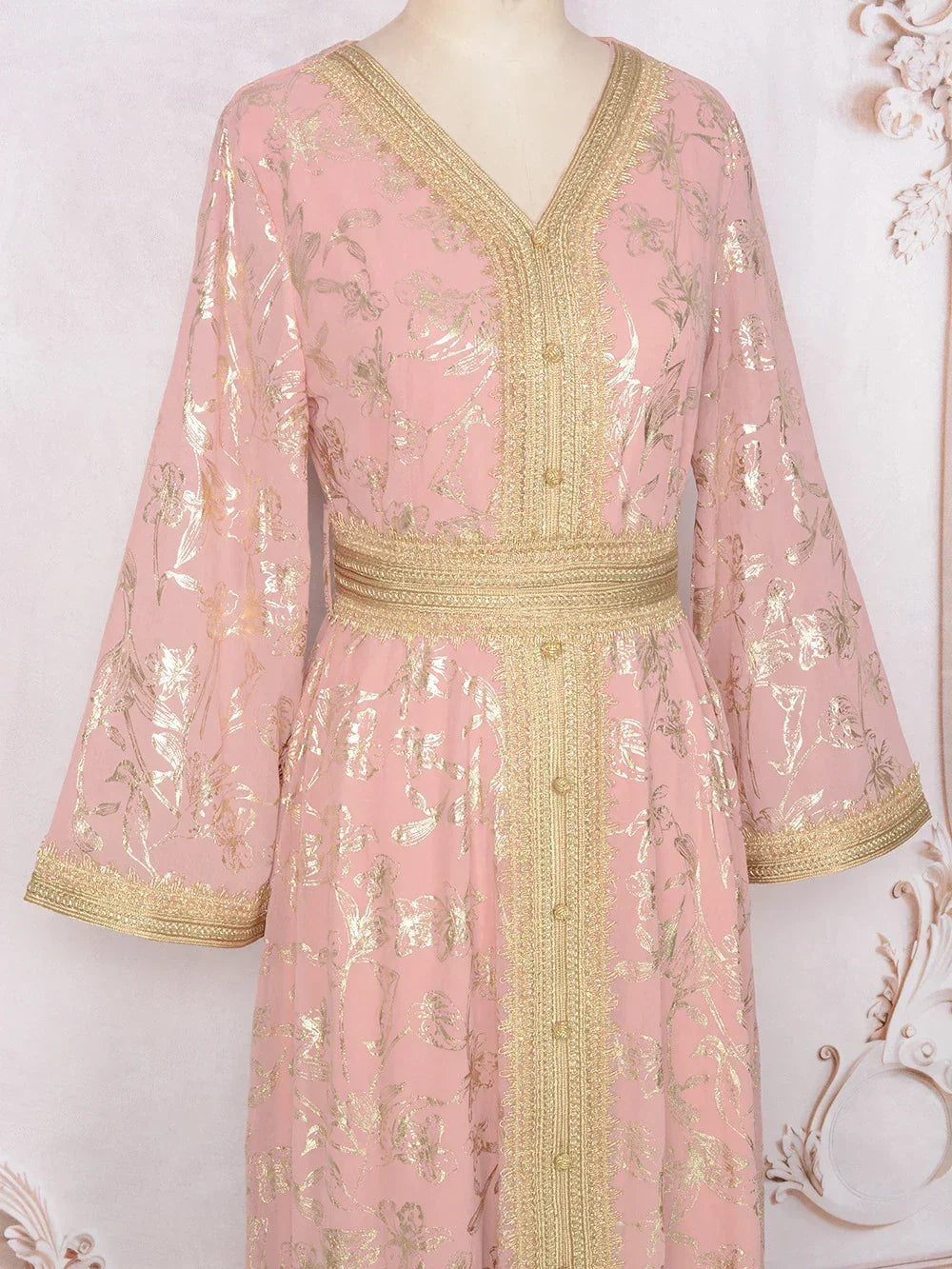 LM186 Robe Abaya Estivale Dubaï | Kaftan Maxi Modeste Imprimé Doré Léger
