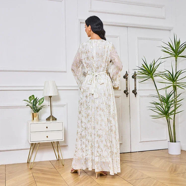 LM186 Robe Abaya Estivale Dubaï | Kaftan Maxi Modeste Imprimé Doré Léger