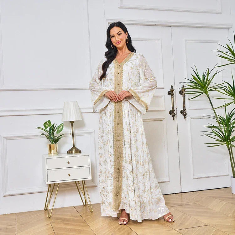 LM186 Robe Abaya Estivale Dubaï | Kaftan Maxi Modeste Imprimé Doré Léger