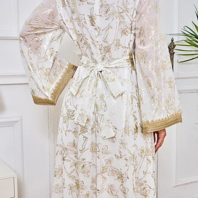 LM186 Robe Abaya Estivale Dubaï | Kaftan Maxi Modeste Imprimé Doré Léger