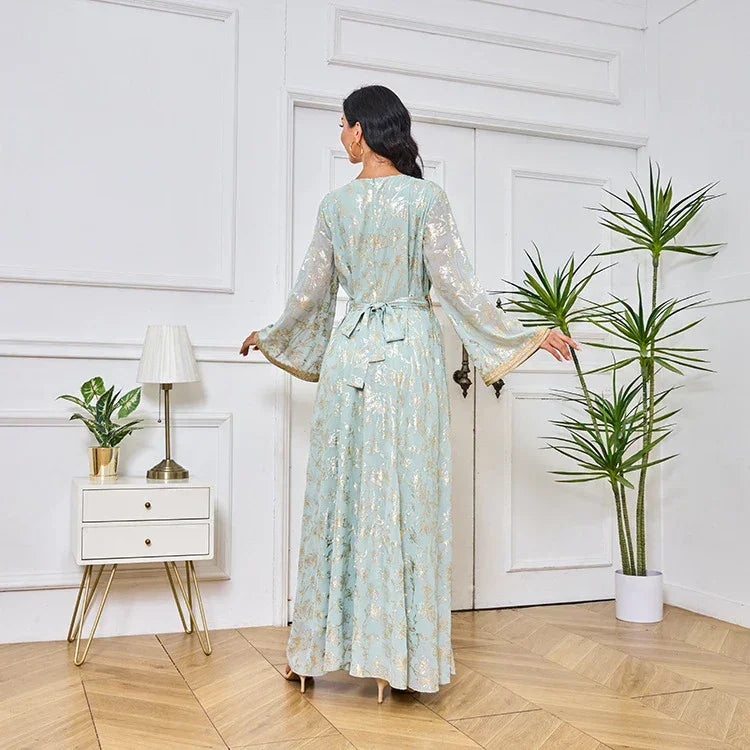 LM186 Robe Abaya Estivale Dubaï | Kaftan Maxi Modeste Imprimé Doré Léger