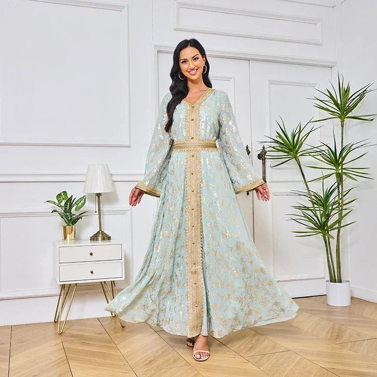 LM186 Robe Abaya Estivale Dubaï | Kaftan Maxi Modeste Imprimé Doré Léger
