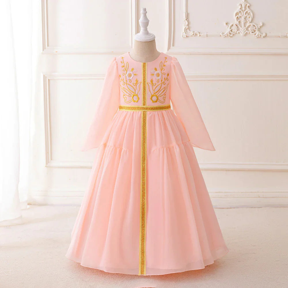 LM200 Robe Aïd Filles – Robe de Fête Musulmane Modeste Manches Longues, Brodée, Longueur Totale (4–7 ans)