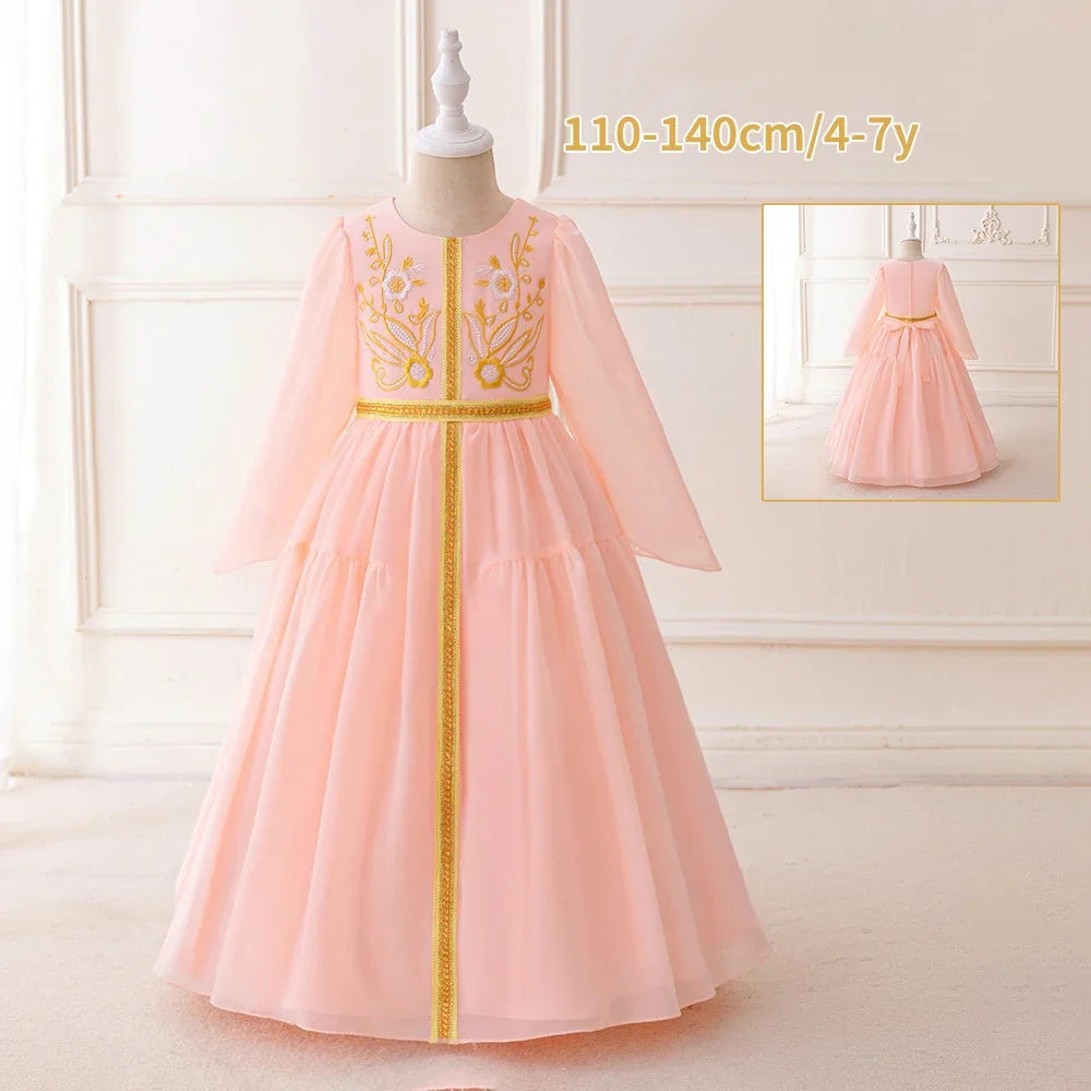 LM200 Robe Aïd Filles – Robe de Fête Musulmane Modeste Manches Longues, Brodée, Longueur Totale (4–7 ans)
