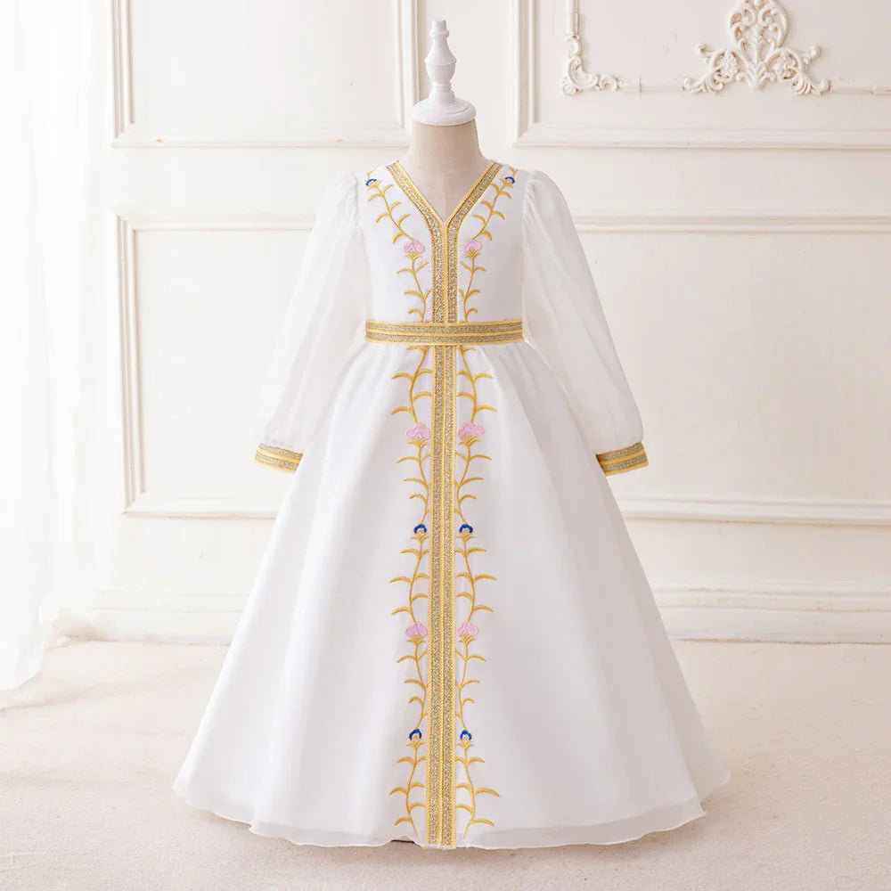 LM201 Robe Aïd Filles – Robe de Fête Musulmane Modeste Manches Longues, Brodée, Longueur Totale (4–7 ans)