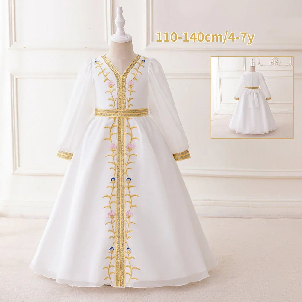 LM201 Robe Aïd Filles – Robe de Fête Musulmane Modeste Manches Longues, Brodée, Longueur Totale (4–7 ans)