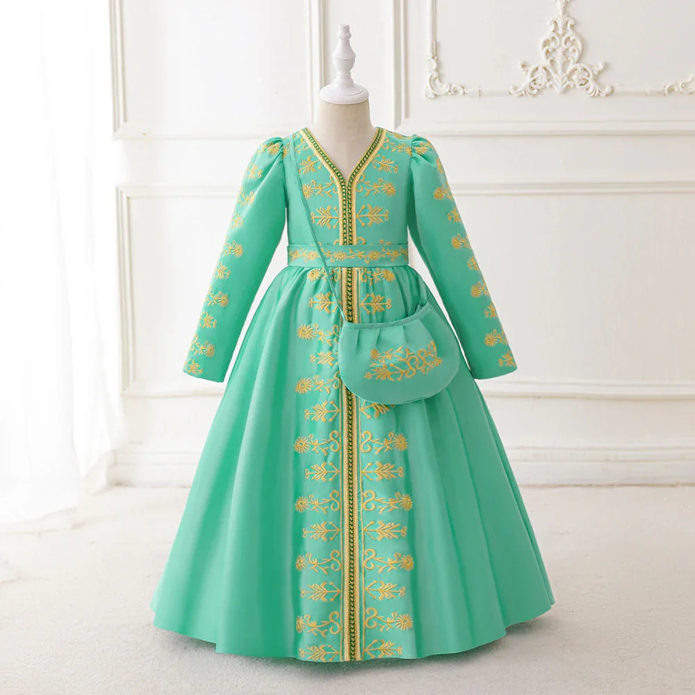 LM202 Robe Aïd Filles – Robe de Fête Musulmane Modeste Manches Longues, Brodée, Longueur Totale (4–7 ans)