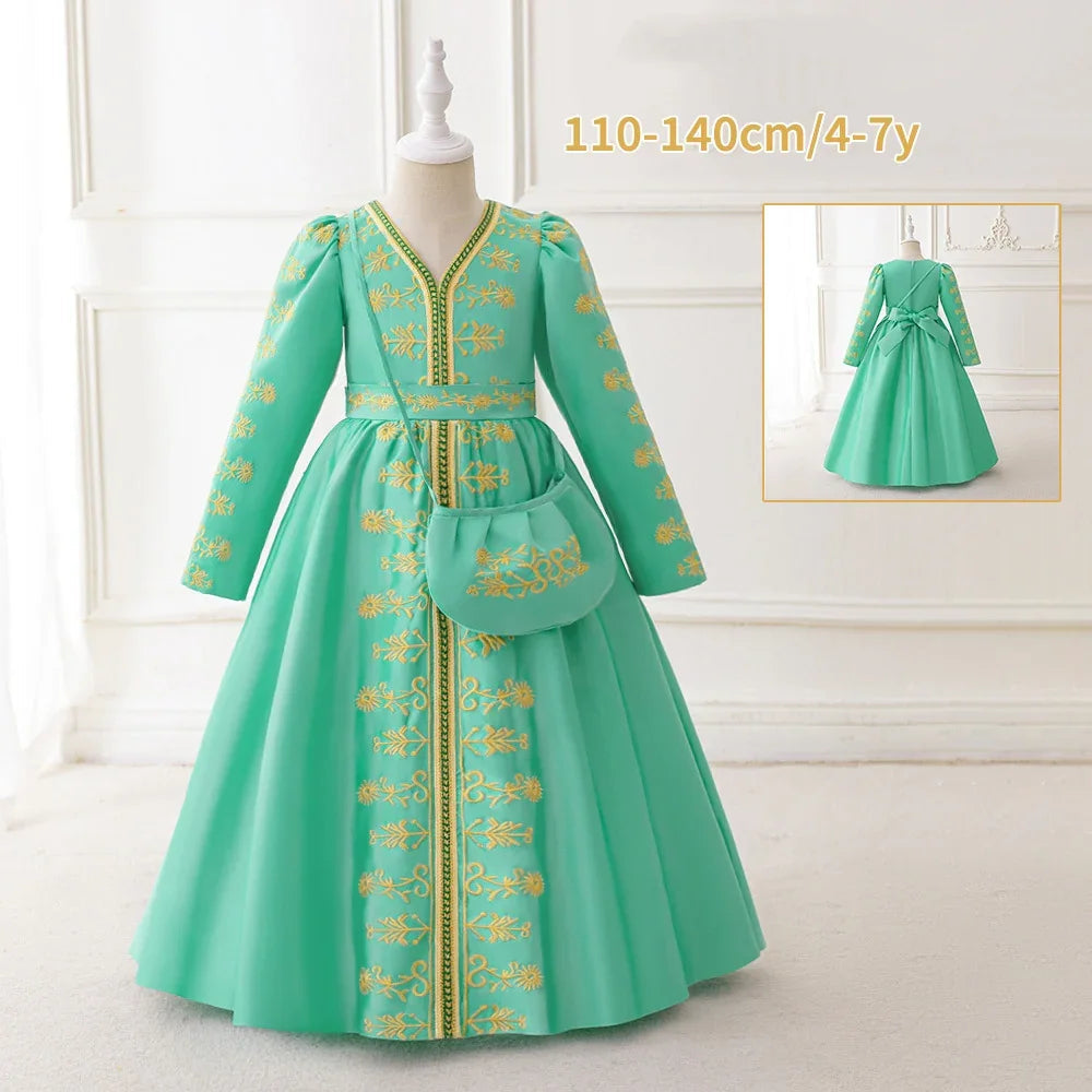 LM202 Robe Aïd Filles – Robe de Fête Musulmane Modeste Manches Longues, Brodée, Longueur Totale (4–7 ans)