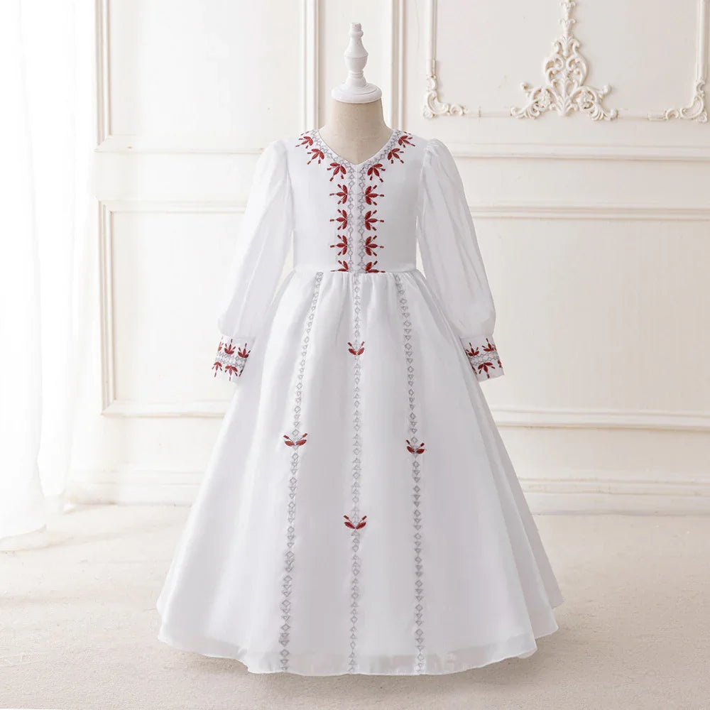 LM203 Robe Aïd Filles – Robe de Fête Musulmane Modeste Manches Longues, Brodée, Longueur Totale (4–7 ans)