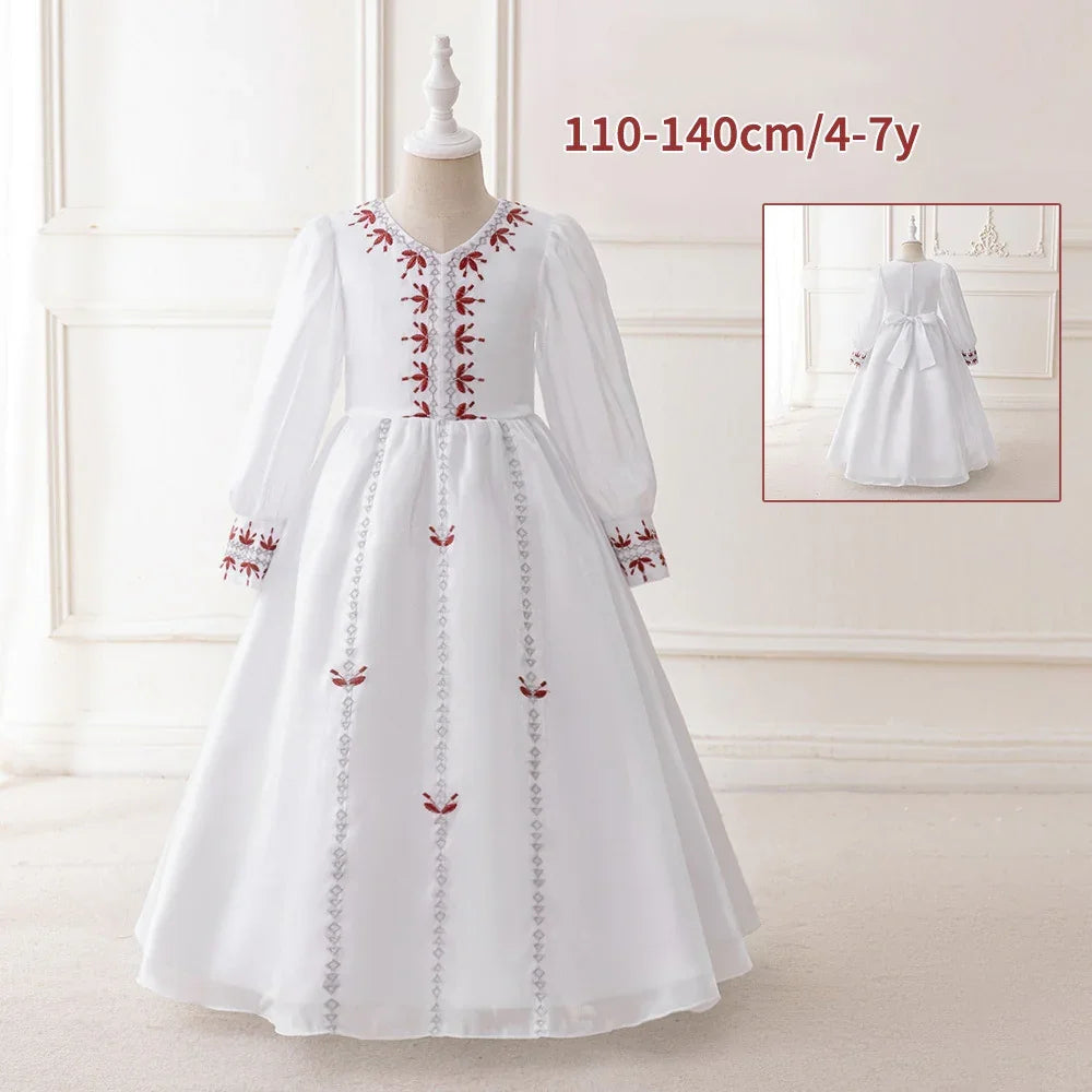 LM203 Robe Aïd Filles – Robe de Fête Musulmane Modeste Manches Longues, Brodée, Longueur Totale (4–7 ans)