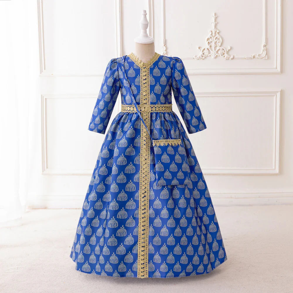 LM204 Robe Aïd Filles – Robe de Fête Musulmane Modeste Manches Longues, Brodée, Longueur Totale (4–7 ans)