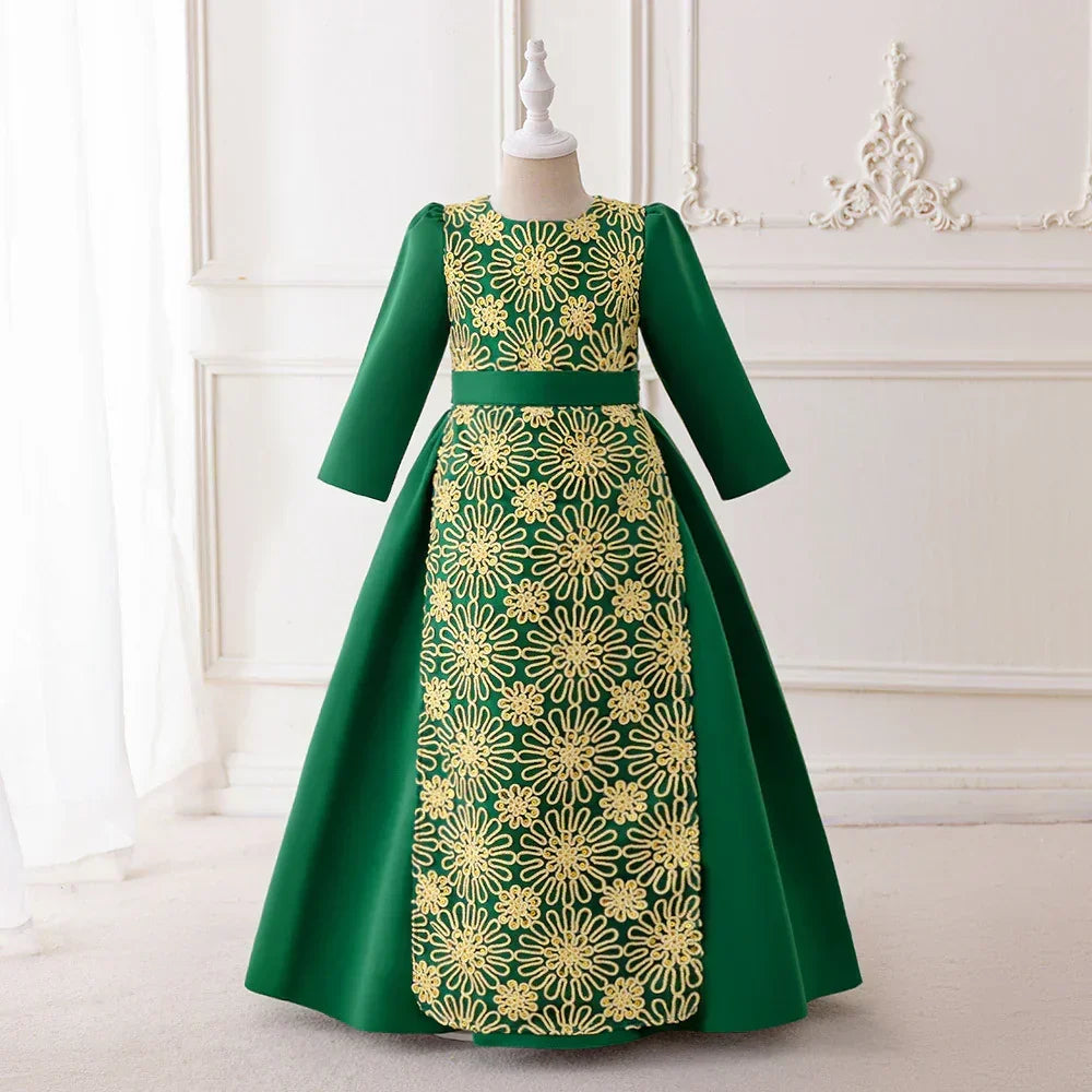 LM205 Robe Aïd Filles – Robe de Fête Musulmane Modeste Manches Longues, Brodée, Longueur Totale (4–7 ans)