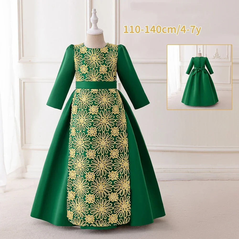 LM205 Robe Aïd Filles – Robe de Fête Musulmane Modeste Manches Longues, Brodée, Longueur Totale (4–7 ans)