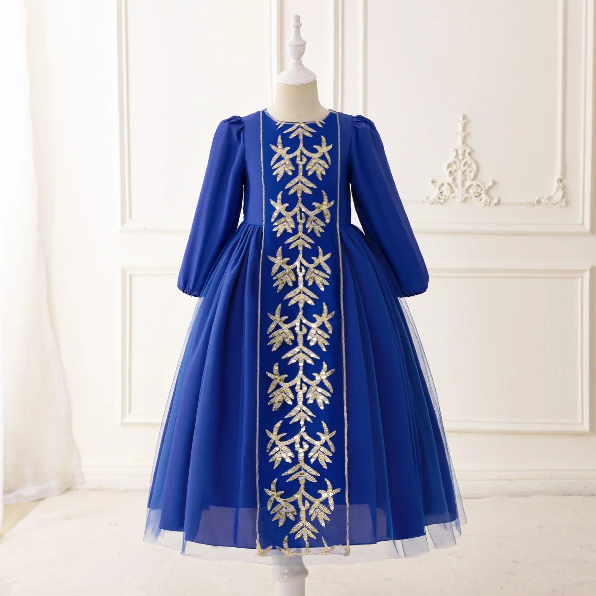 LM206 Robe Aïd Filles – Robe de Fête Musulmane Modeste Manches Longues, Brodée, Longueur Totale (4–7 ans)