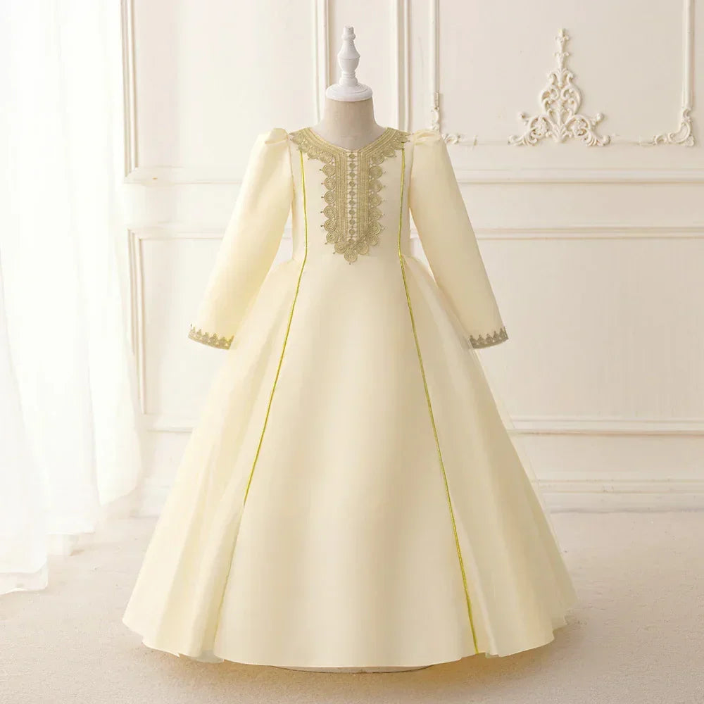LM207 Robe Aïd Filles – Robe de Fête Musulmane Modeste Manches Longues, Brodée, Longueur Totale (4–7 ans)