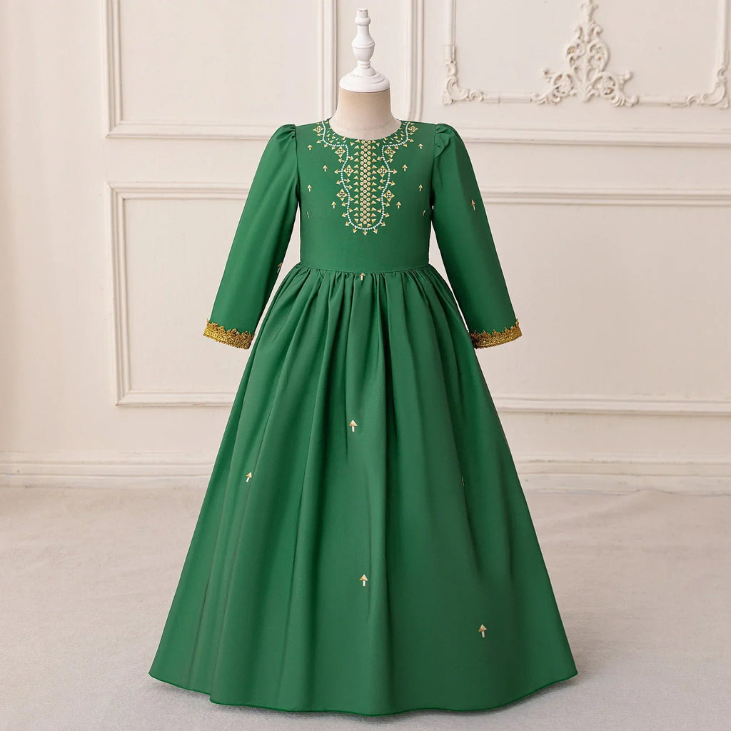 LM208 Robe Aïd Filles – Robe de Fête Musulmane Modeste Manches Longues, Brodée, Longueur Totale (4–7 ans)