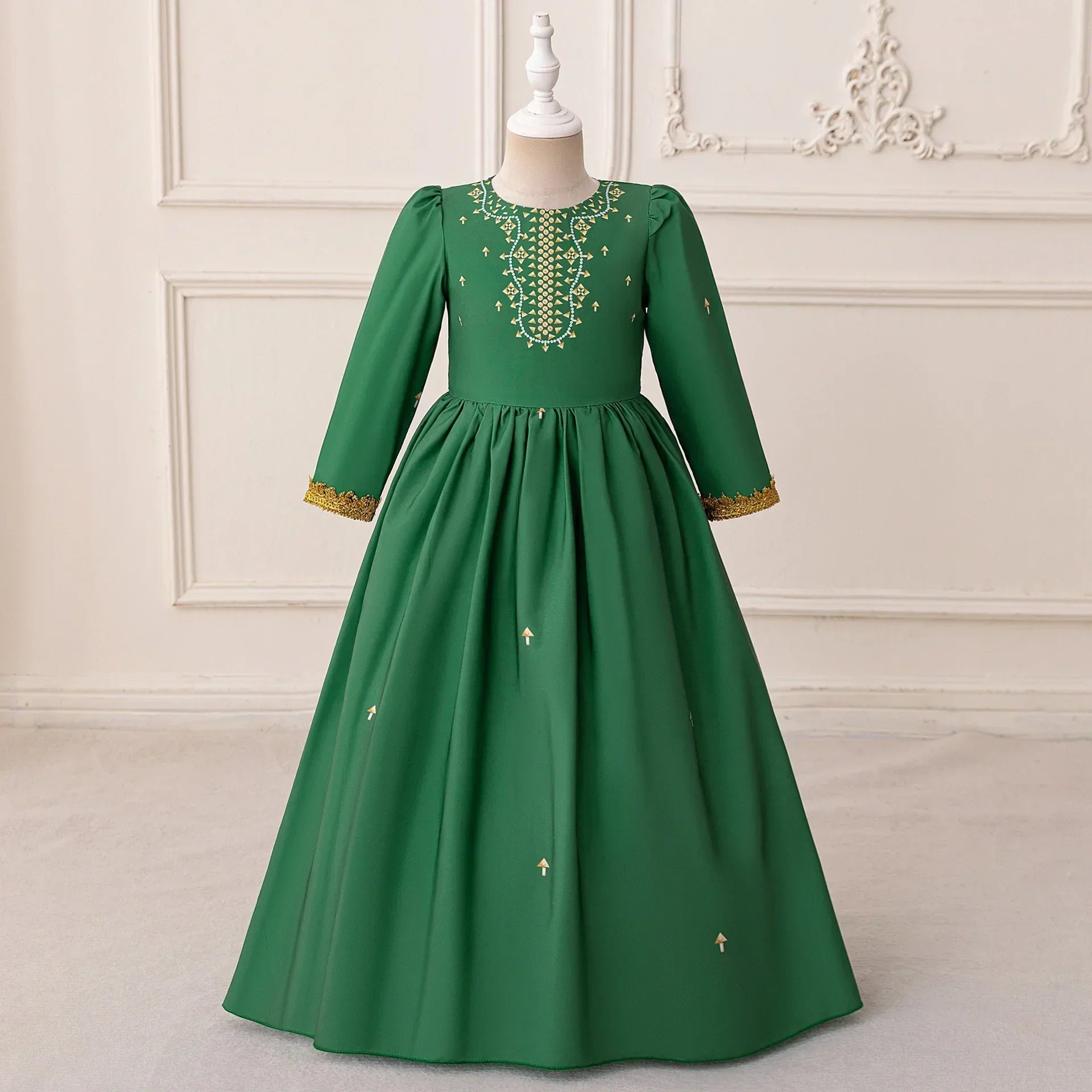 LM208 Robe Aïd Filles – Robe de Fête Musulmane Modeste Manches Longues, Brodée, Longueur Totale (4–7 ans)