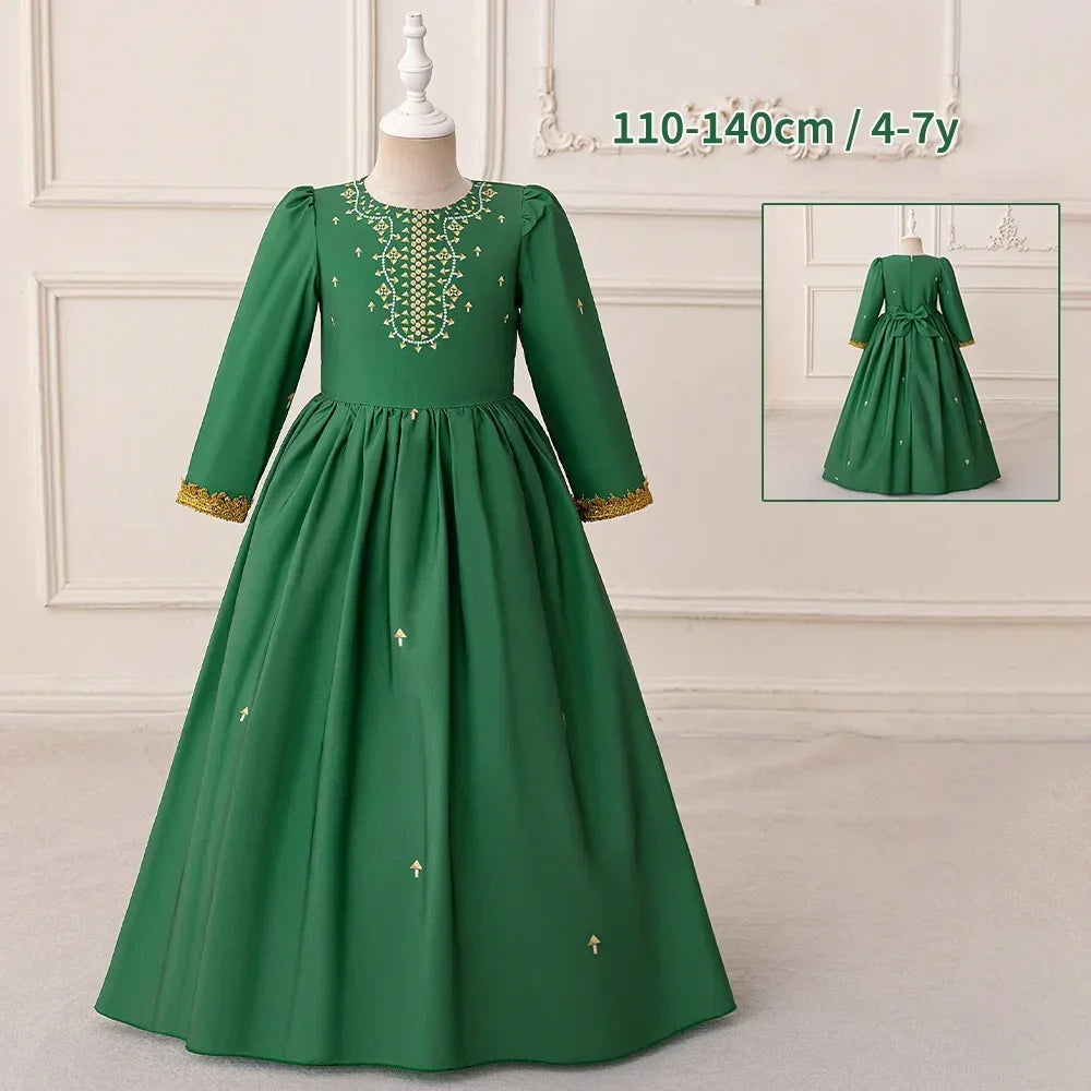 LM208 Robe Aïd Filles – Robe de Fête Musulmane Modeste Manches Longues, Brodée, Longueur Totale (4–7 ans)