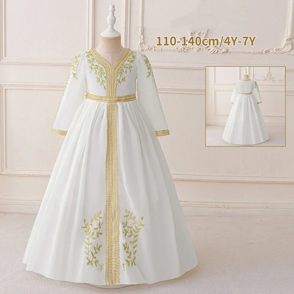 LM209 Robe Aïd Filles – Robe de Fête Musulmane Modeste Manches Longues, Brodée, Longueur Totale (4–7 ans)