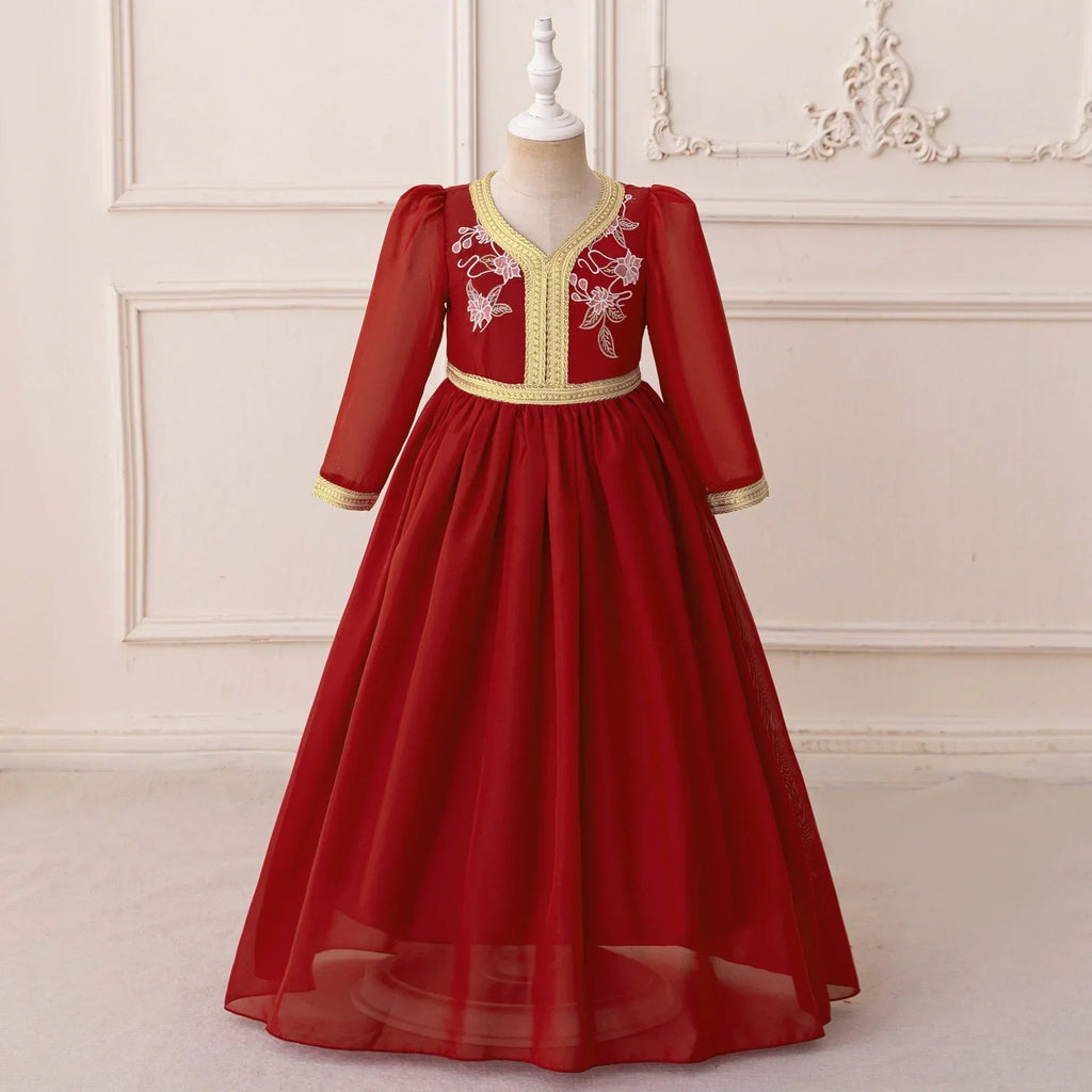 LM210 Robe Aïd Filles – Robe de Fête Musulmane Modeste Manches Longues, Brodée, Longueur Totale (4–7 ans)