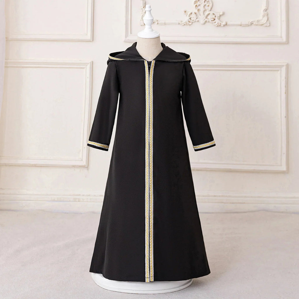 LM211 Robe Aïd Filles – Robe de Fête Musulmane Modeste Manches Longues, Brodée, Longueur Totale (4–7 ans)