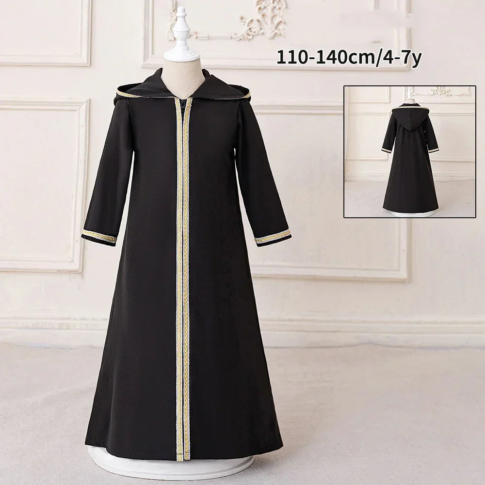 LM211 Robe Aïd Filles – Robe de Fête Musulmane Modeste Manches Longues, Brodée, Longueur Totale (4–7 ans)